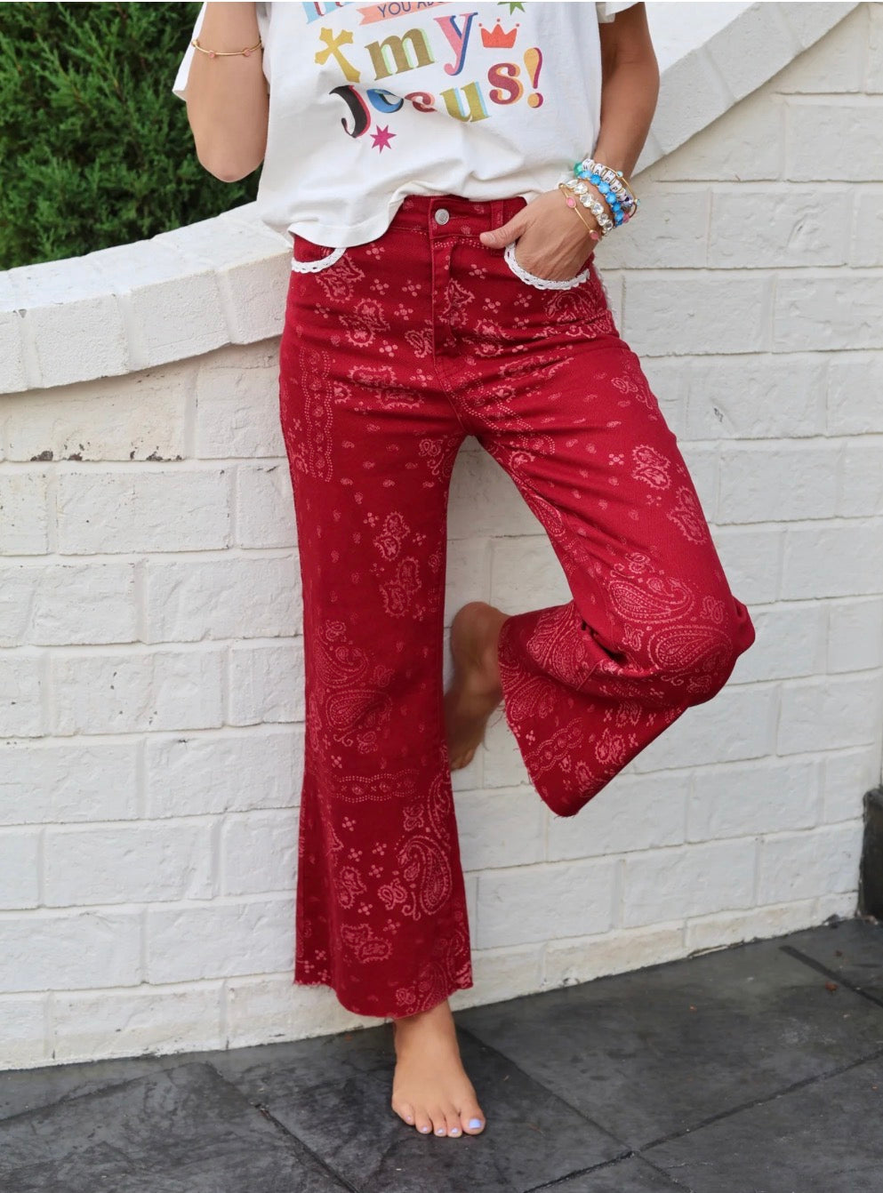 Poppy and Pine Red Bandana Frey Hem Denim