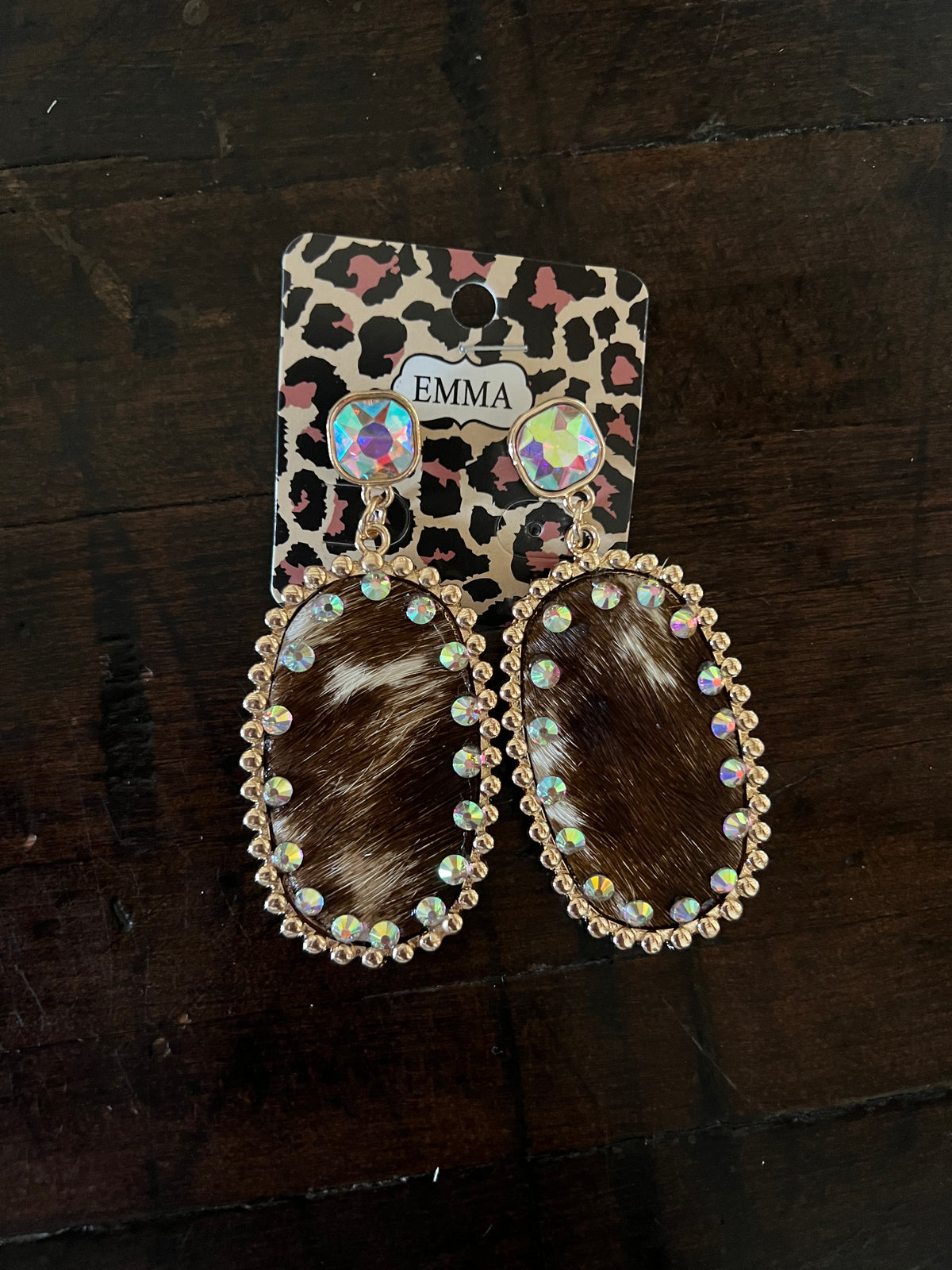 Rhinestone Animal Print Earrings- Brown