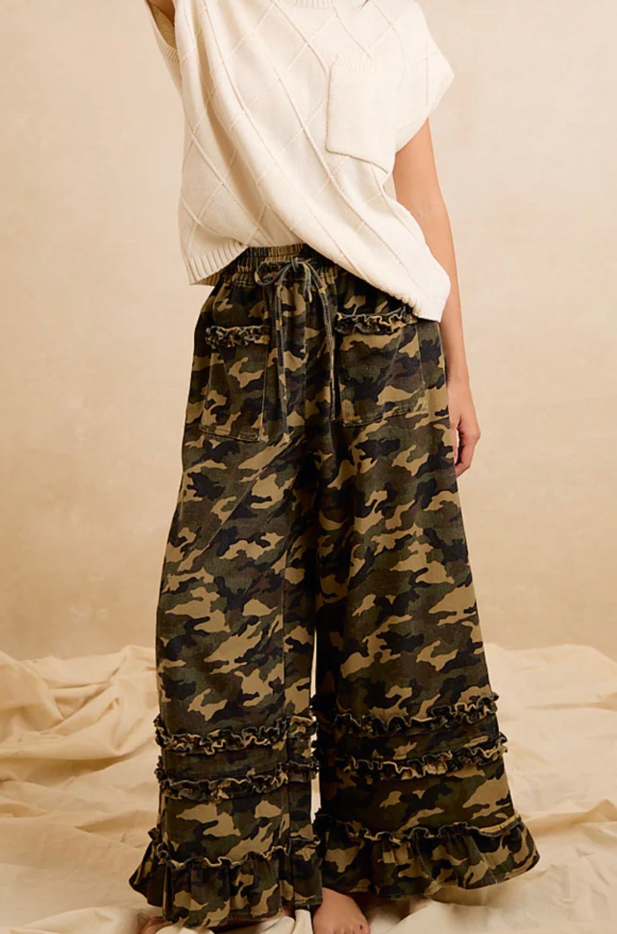 Bibi Camo Twill Ruffled Wide Pants