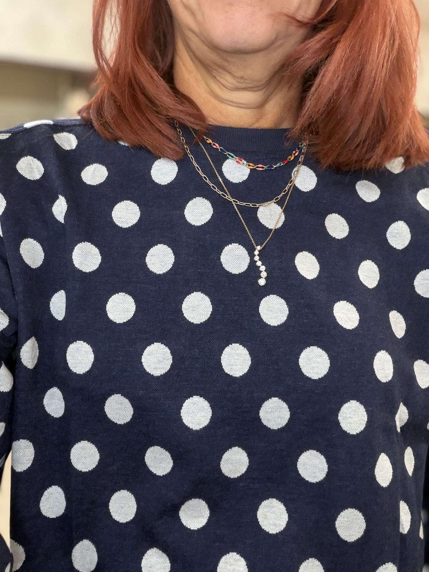 Long Sleeve Navy w/white Polka Dot Sweater