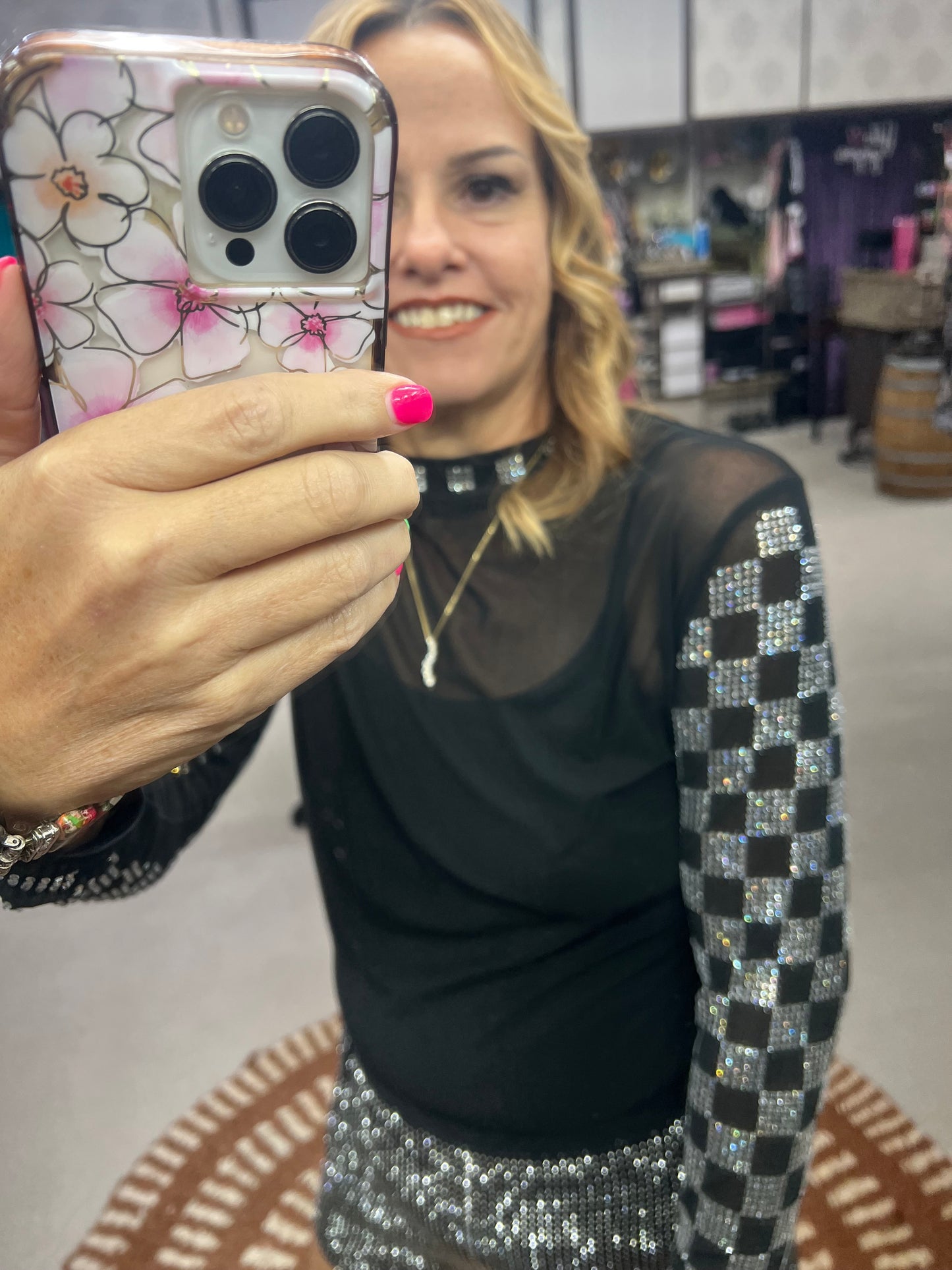 Sterling Kreek Checked in Black Mesh Top