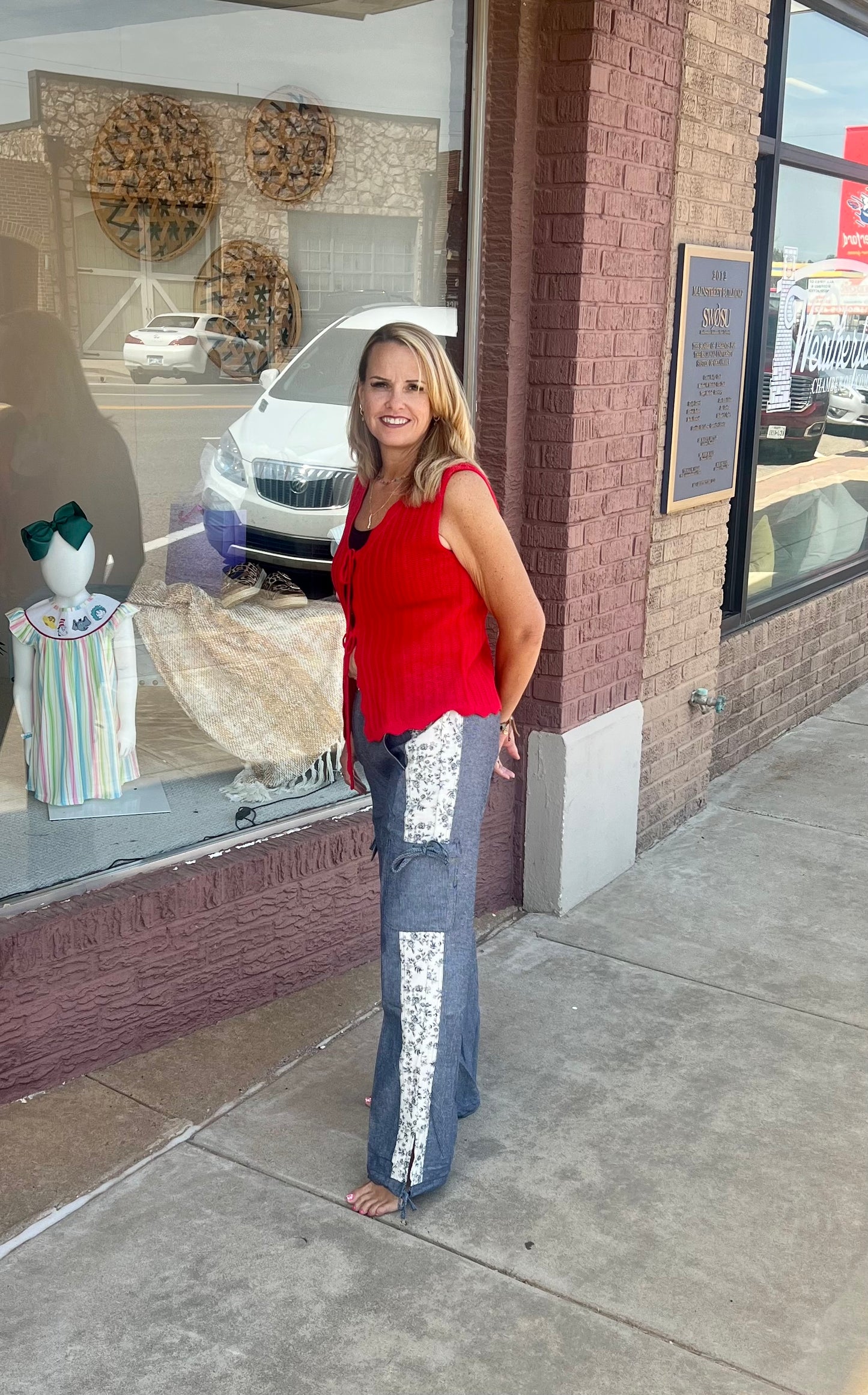 ee:some Soft Washed Floral Striped Denim Block Pants