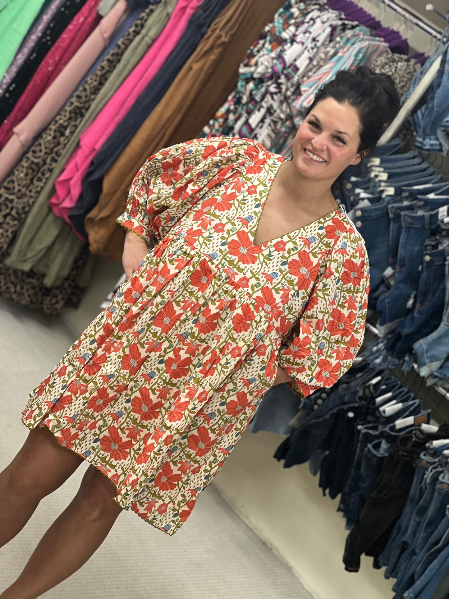 GiGiO Coral + Cream Floral Bubble Sleeve Dress