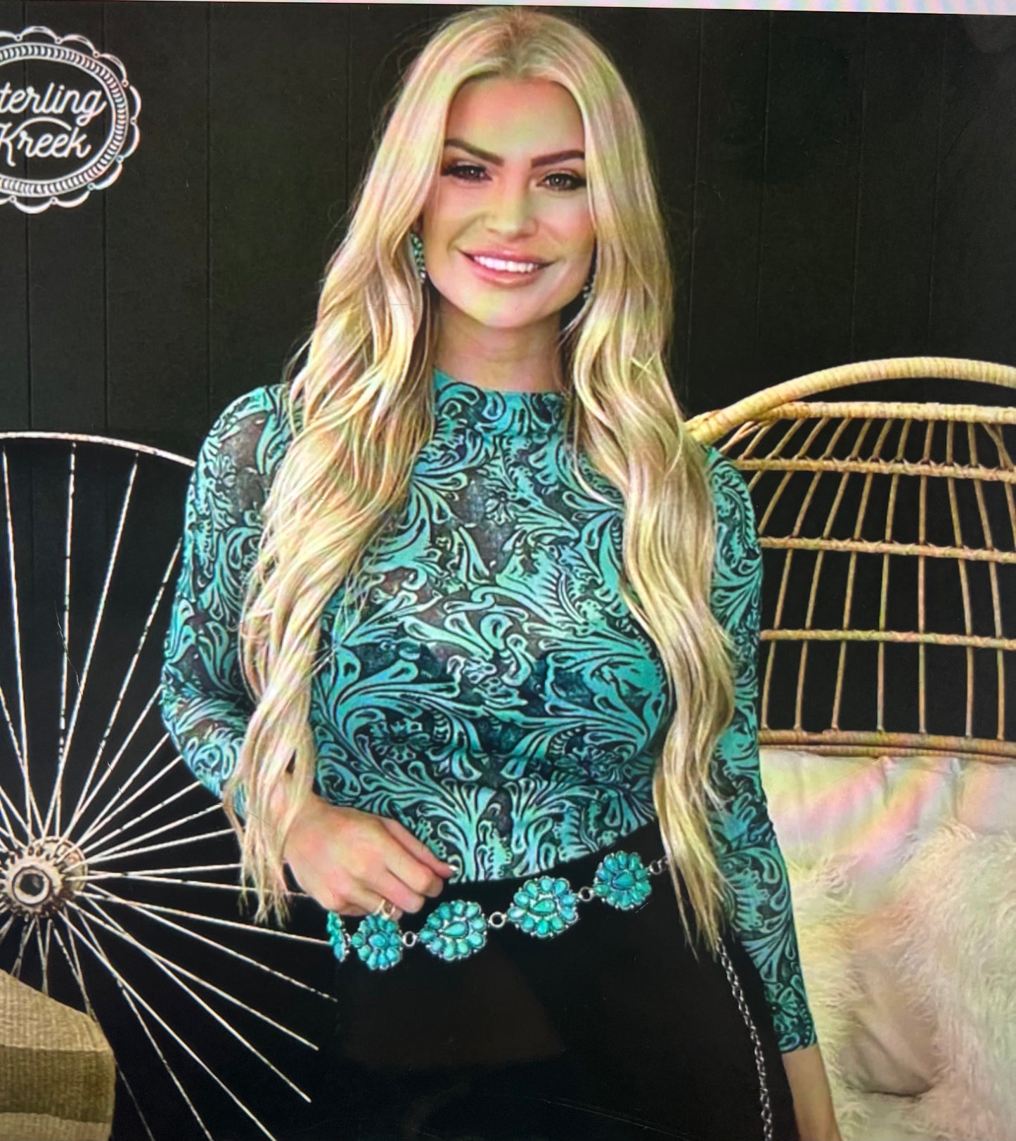 Sterling Kreek Tooled in Turquoise Sheer Top