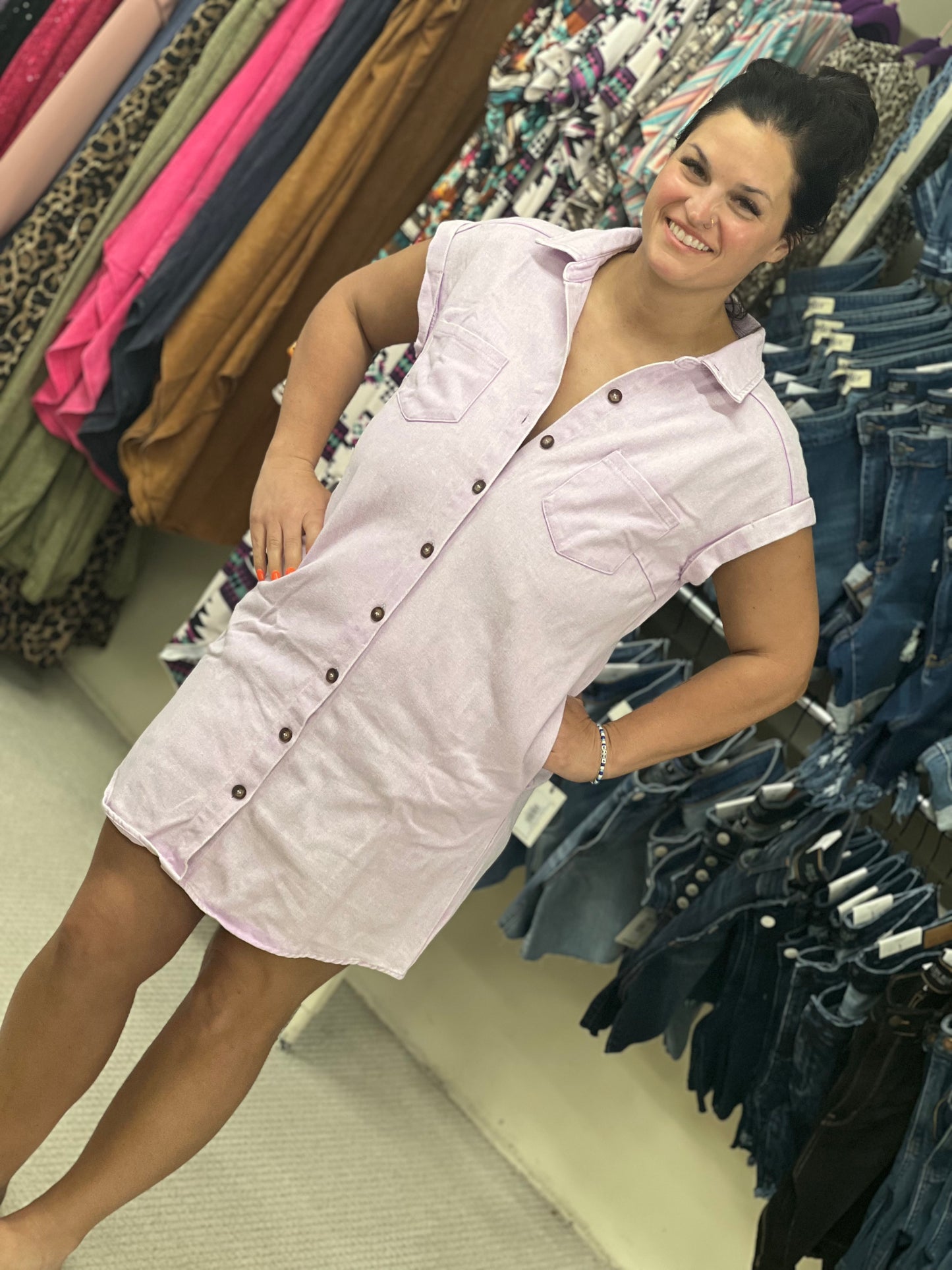 She + Sky Lilac Jean Button Up Dress
