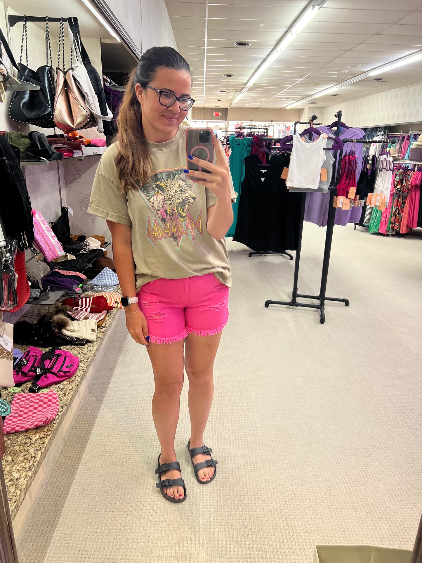 Sterling Kreek Forever in Denim Neon Pink Shorts Distress&Raw Hem