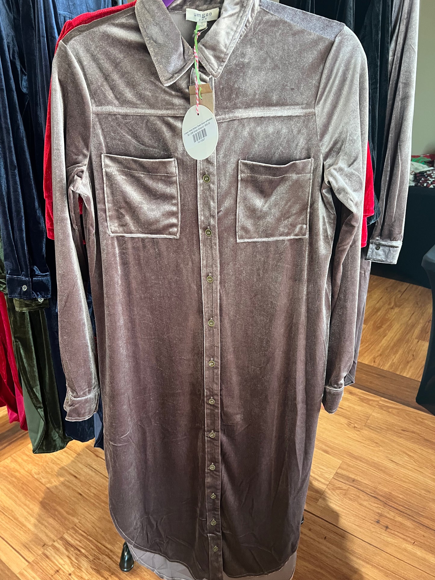 Umgee Velvet Button Down Dress w/Pockets