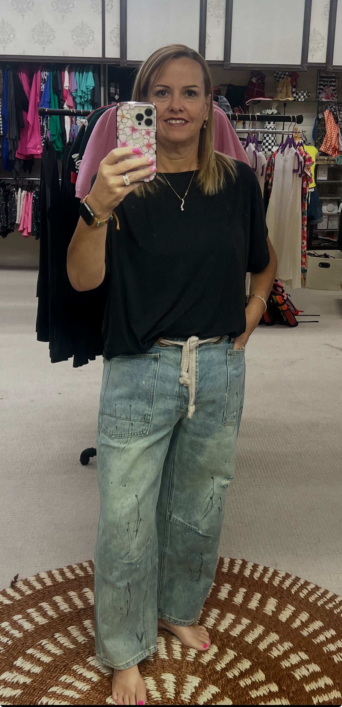 BiBi Braided Waist Belt Drip Painted Denim Pants