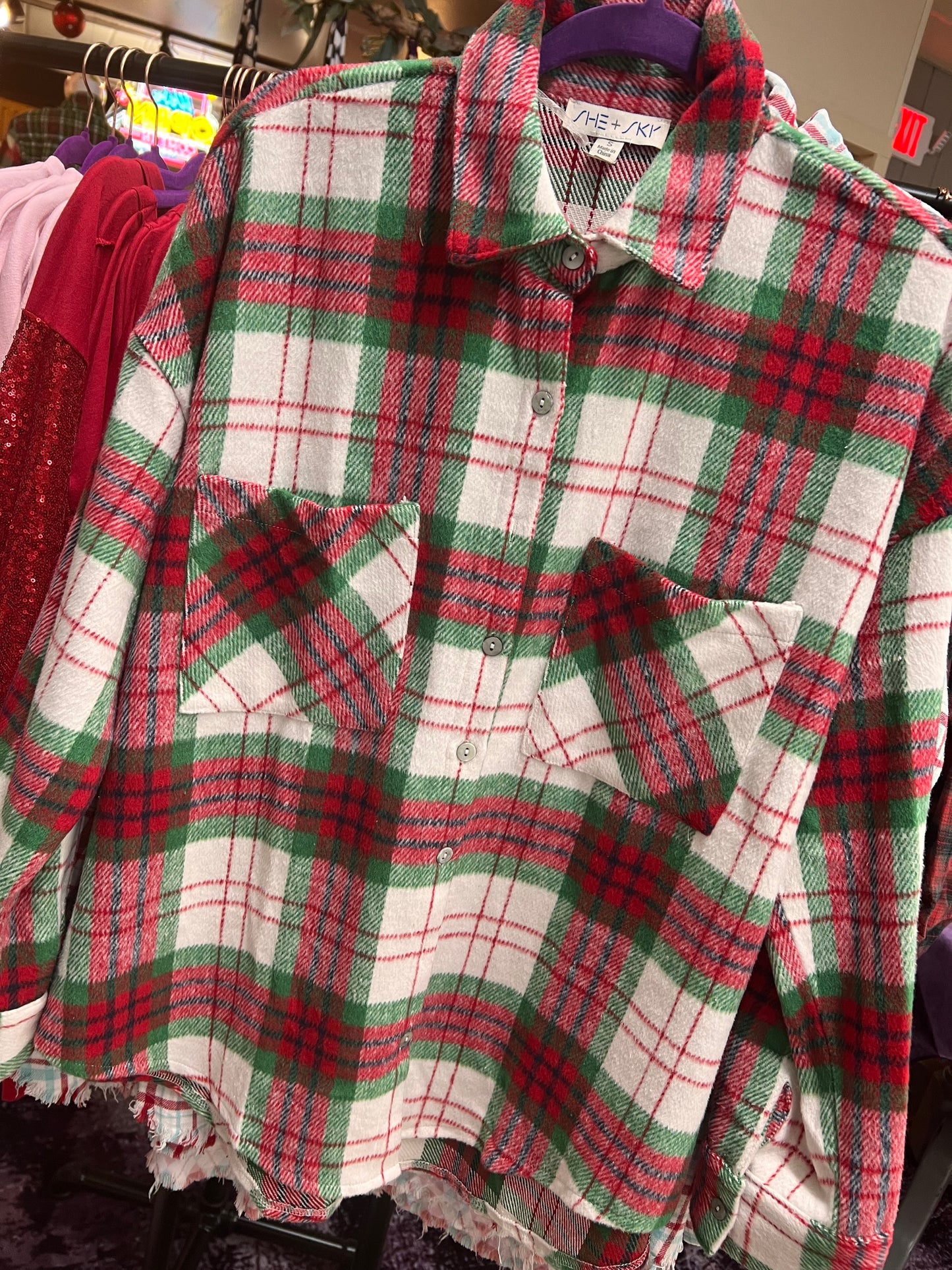 She + Sky Red/Green Shacket