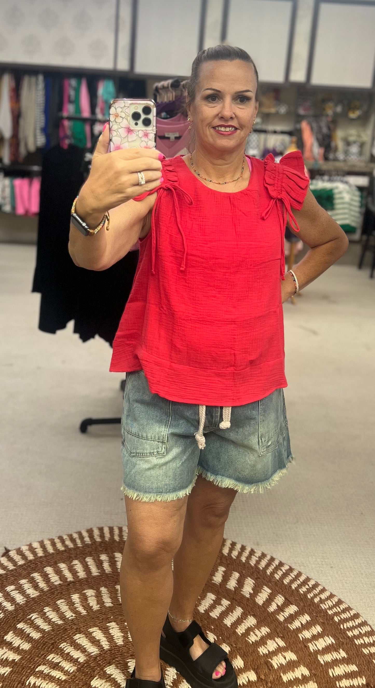 BiBi Solid Gauze Ruffle Bow Tied Top