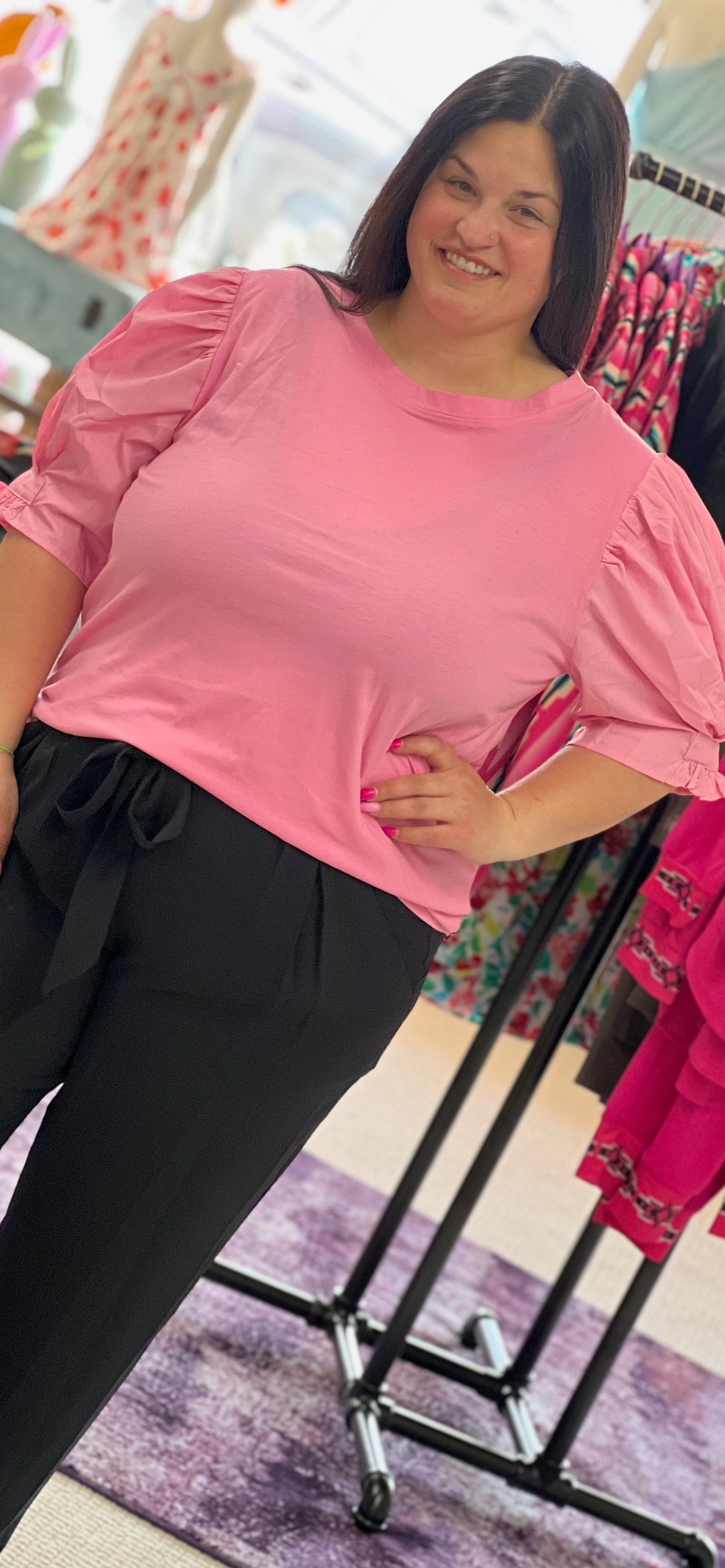 Curvy Oddi Solid Knit Blouse w/ Woven Puff Sleeves