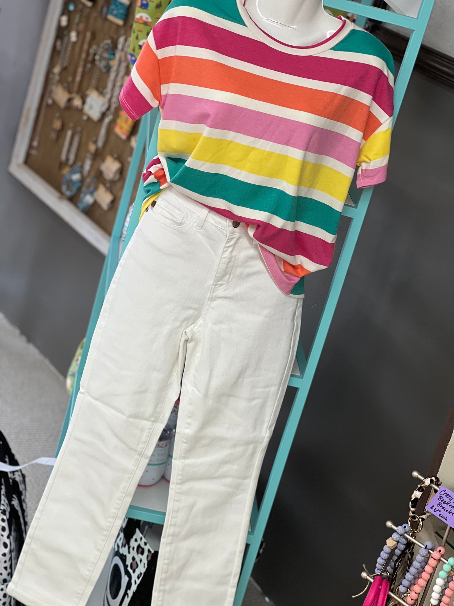 Reg & Curvy Haptics Fuchsia/Yellow/Teal Striped Oversized Top