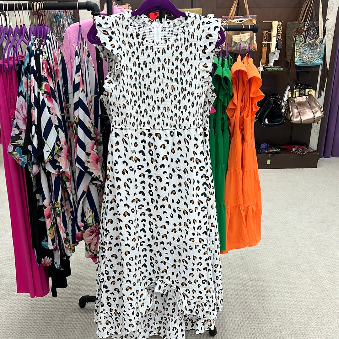 Shewin White Leopard Smocked High Low Midi Dress