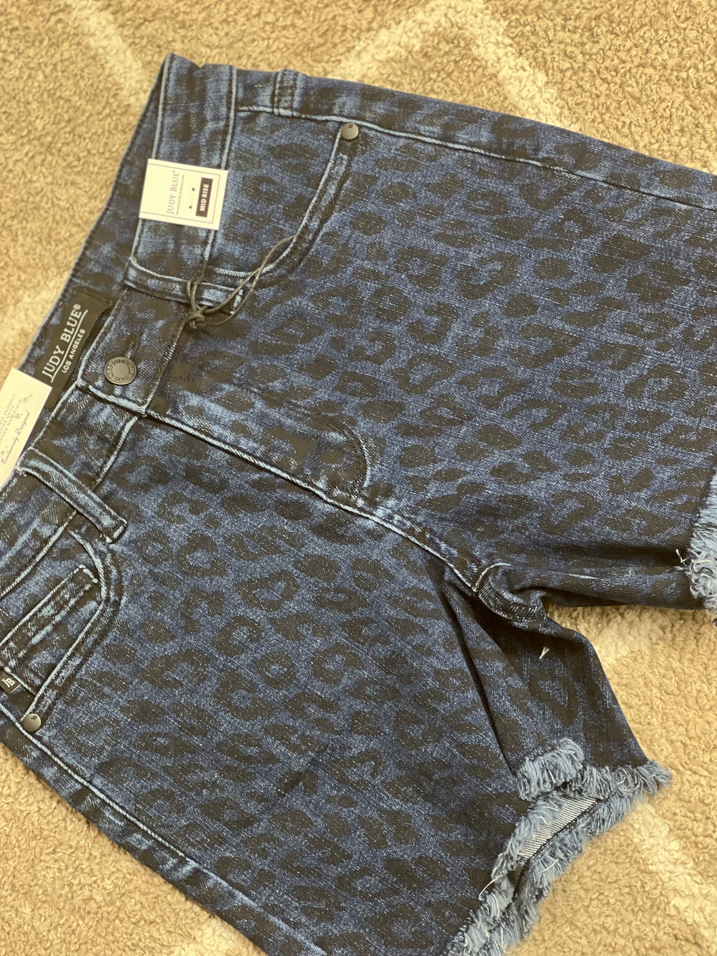 Reg & Plus Judy Blue/Black Leopard Frayed Hem Jean Shorts