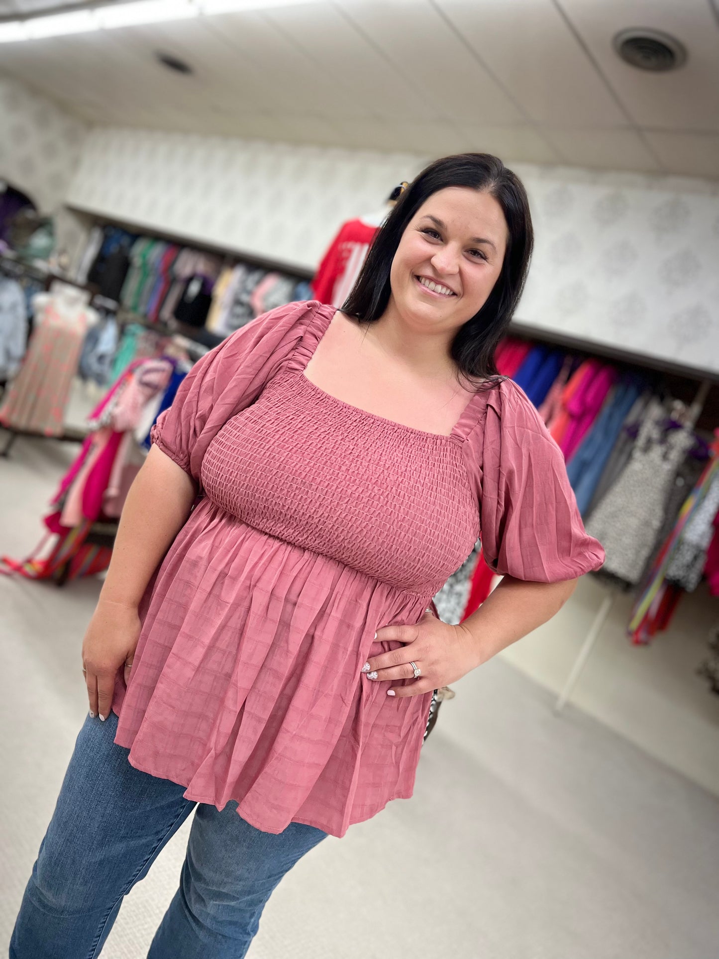 Curvy Oddi Rose Ruched Baby Doll Top