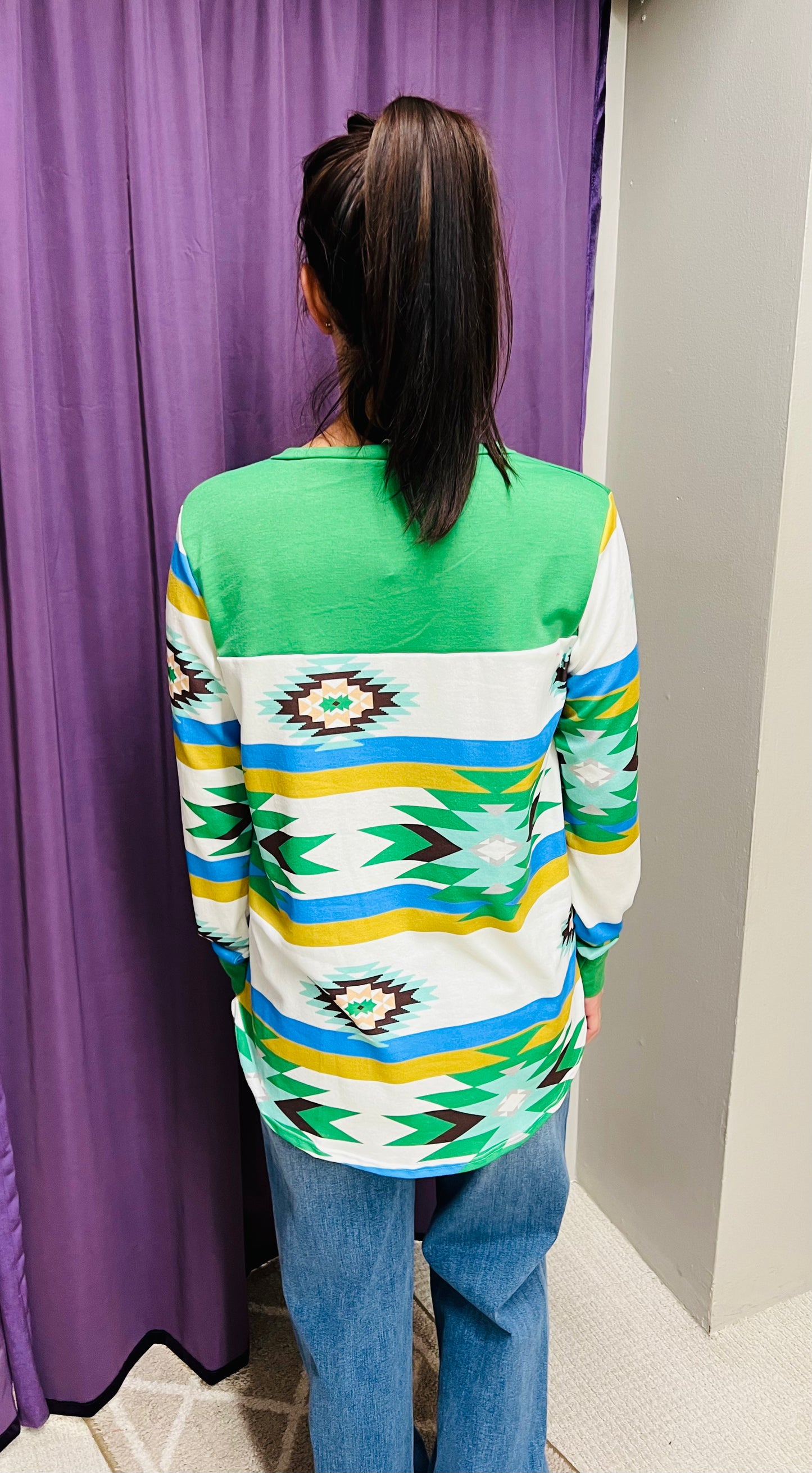 Reg & Curvy Lilypad Apple Green Aztec Long Sleeve Top