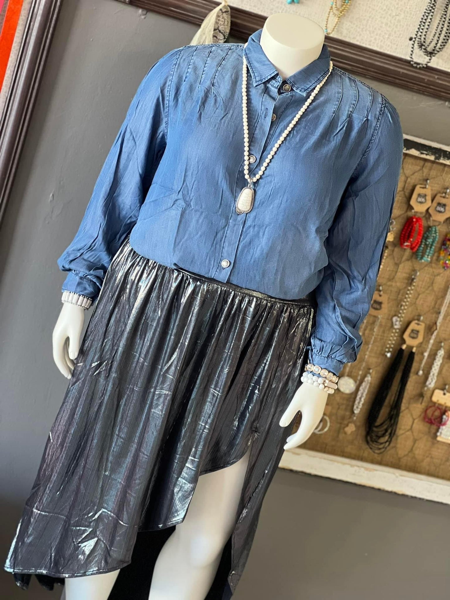 Reg & Curvy 2FlyCo Cowboy Blues Denim Long Sleeve Button Up w/ Shoulder Detail