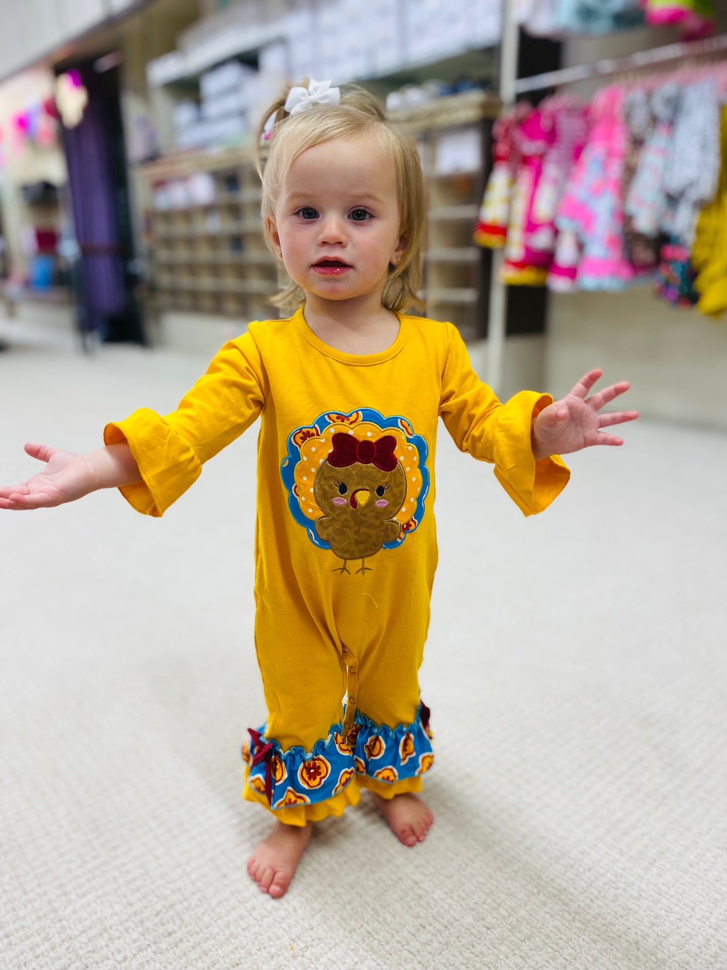 Girls Mustard Turkey Appliqué Ruffle Romper