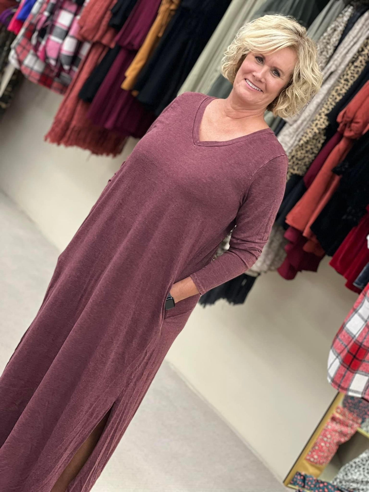 Curvy Rae Mode Mineral Washed VNeck Long Sleeve Dress