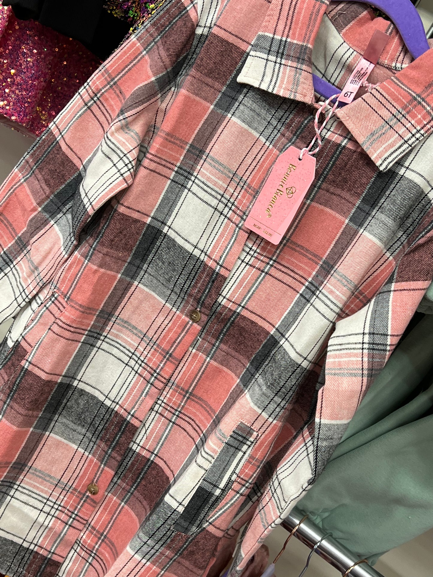 Girls Cutie Patootie Pink & Black Flannel Shirt w/ Pocket