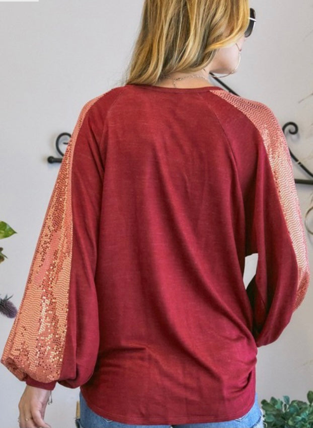 Curvy Wine Sequin V Neck Long Sleeve Top