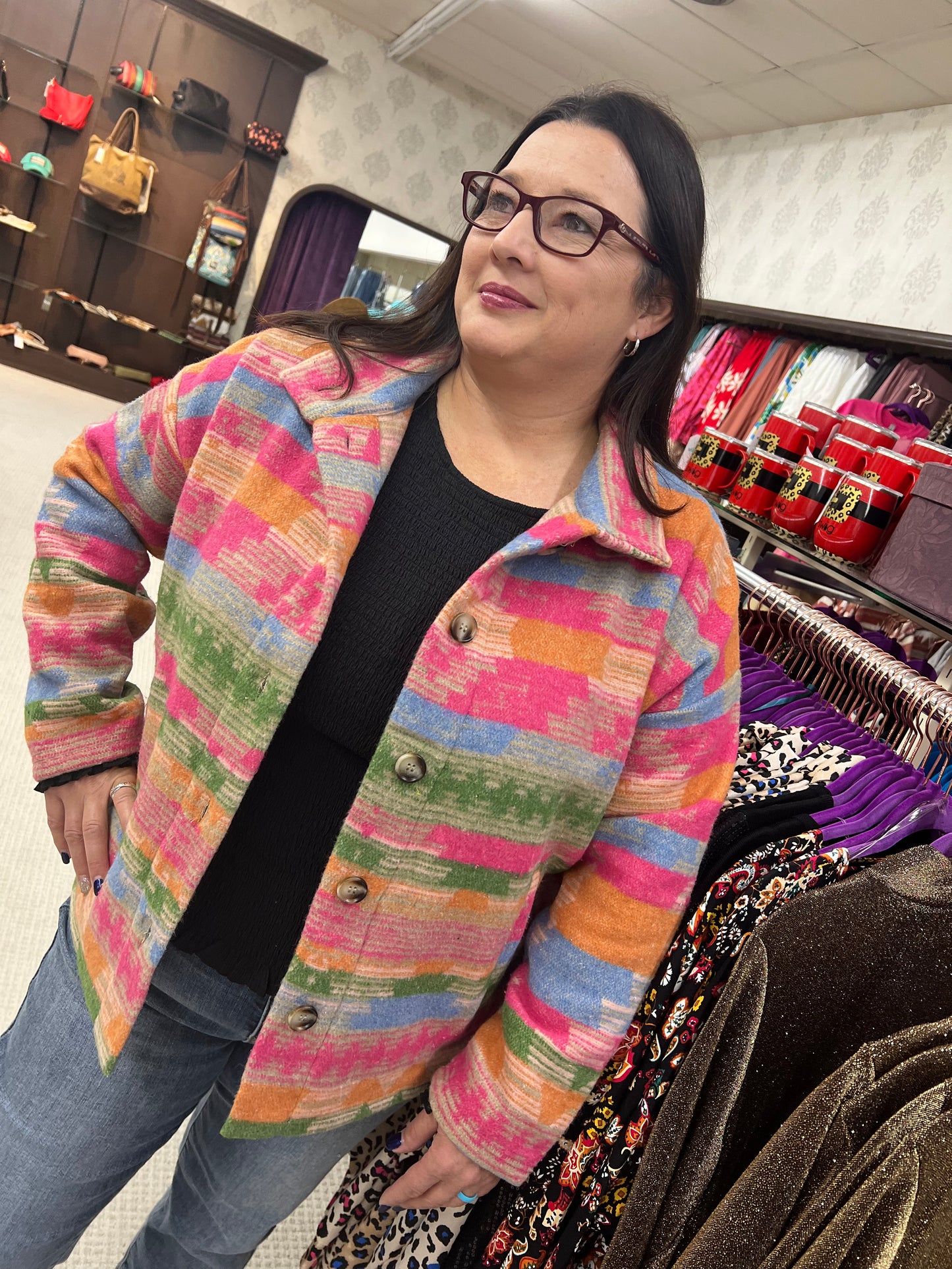 Regular BlueB Fuchsia Aztec Button Up High Collar Jacket
