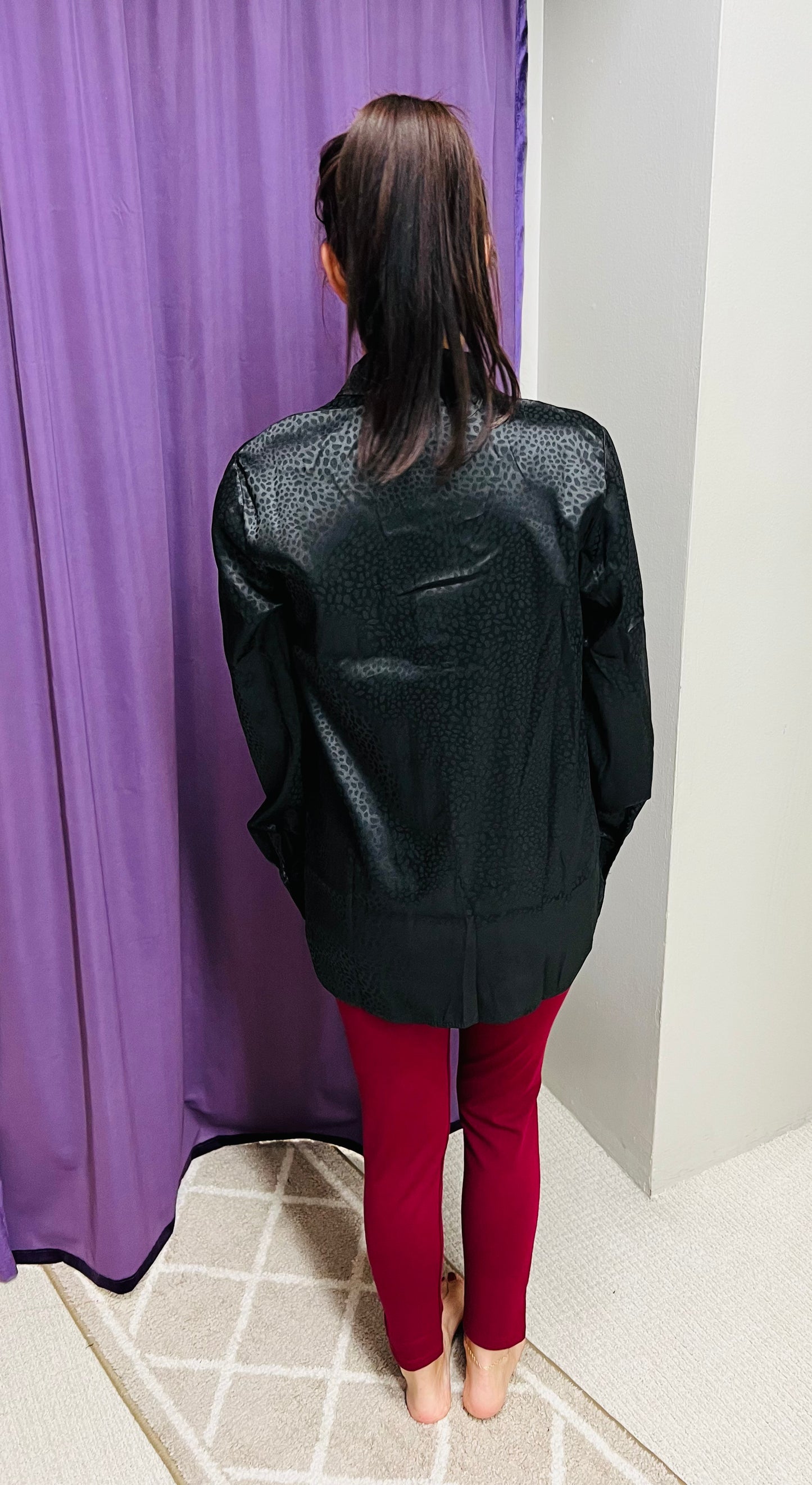 Reg & Curvy Lilypad Solid Leopard Satin Long Sleeve Button Up Top
