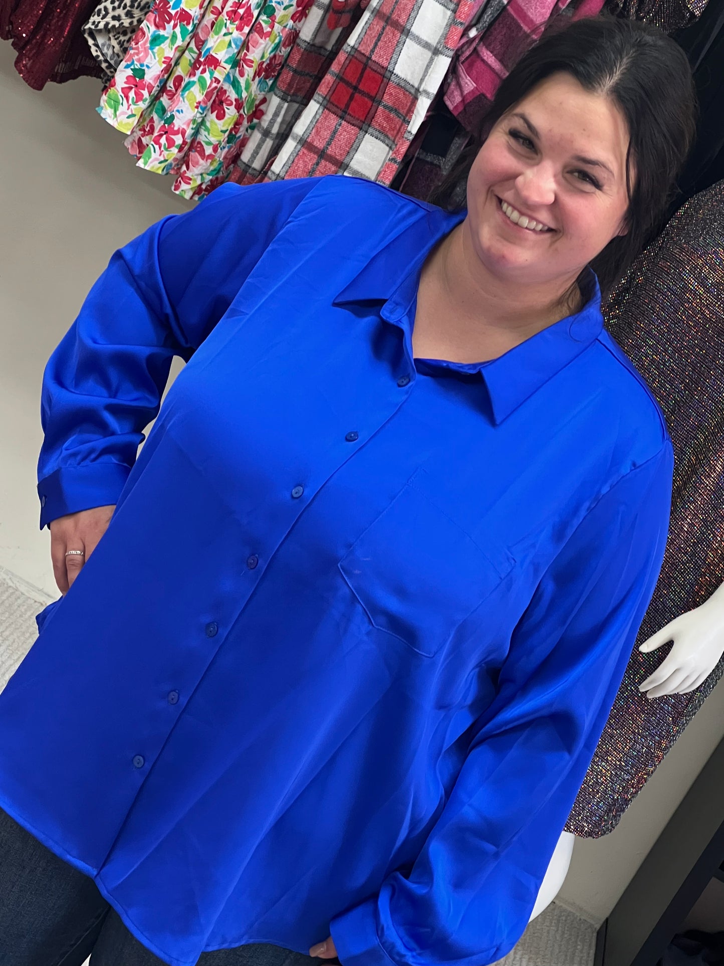 Curvy Skies Are Blue Satin Button Up Long Sleeve Top