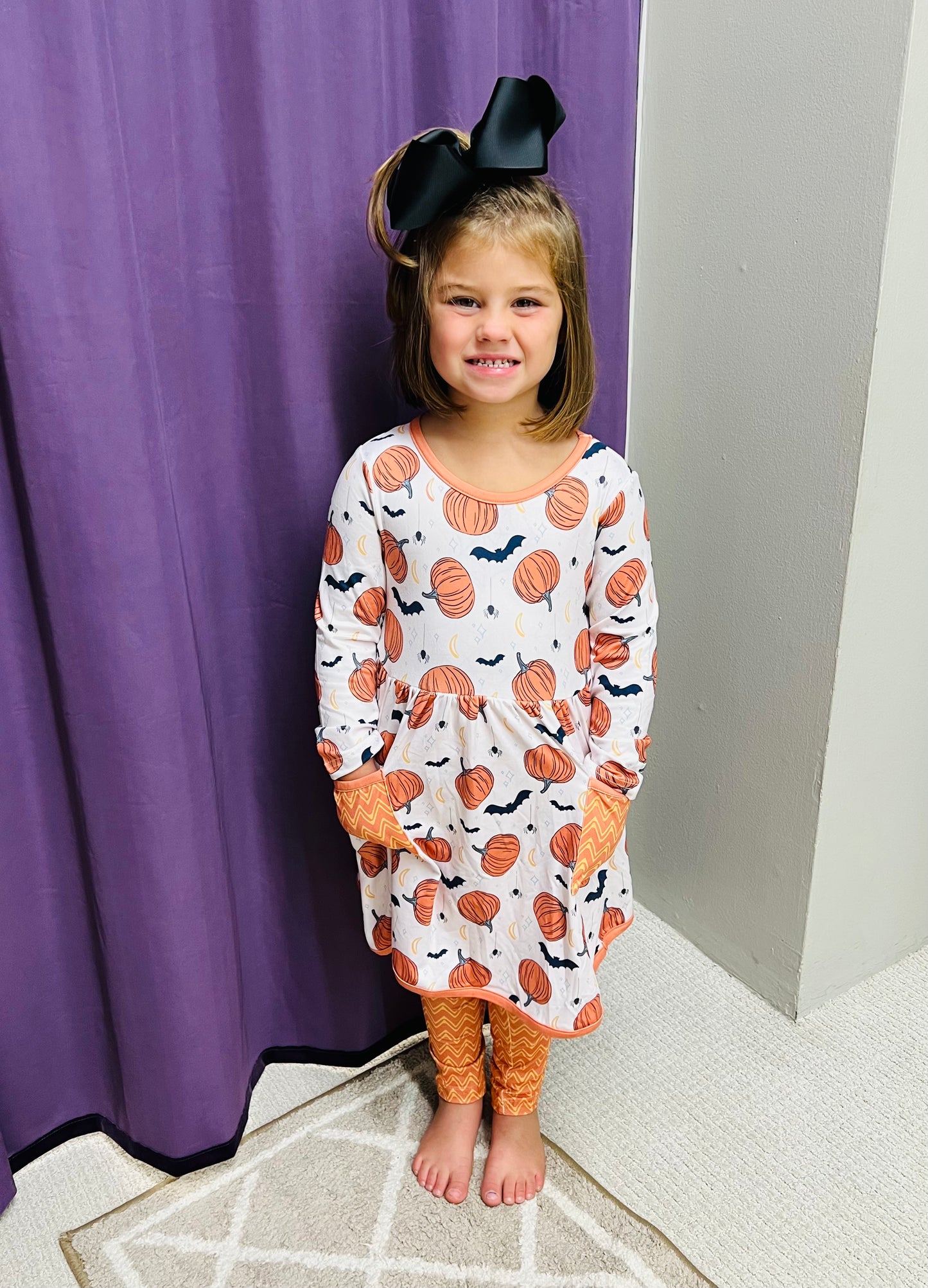 Girls Orange Pumpkin A Line Dress w/ Leggings