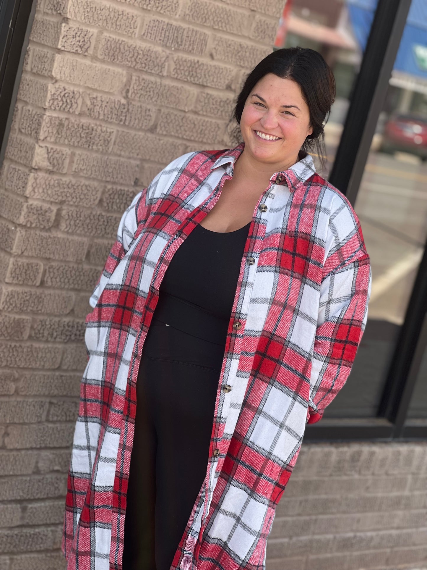 Regular Red/Black/White Plaid Oversized Duster