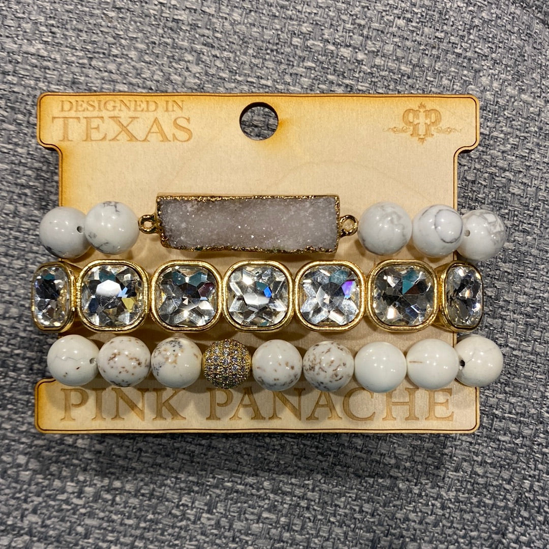 Pink Panache White Marbled w/ Gold Rhinestone 3pk Bracelets