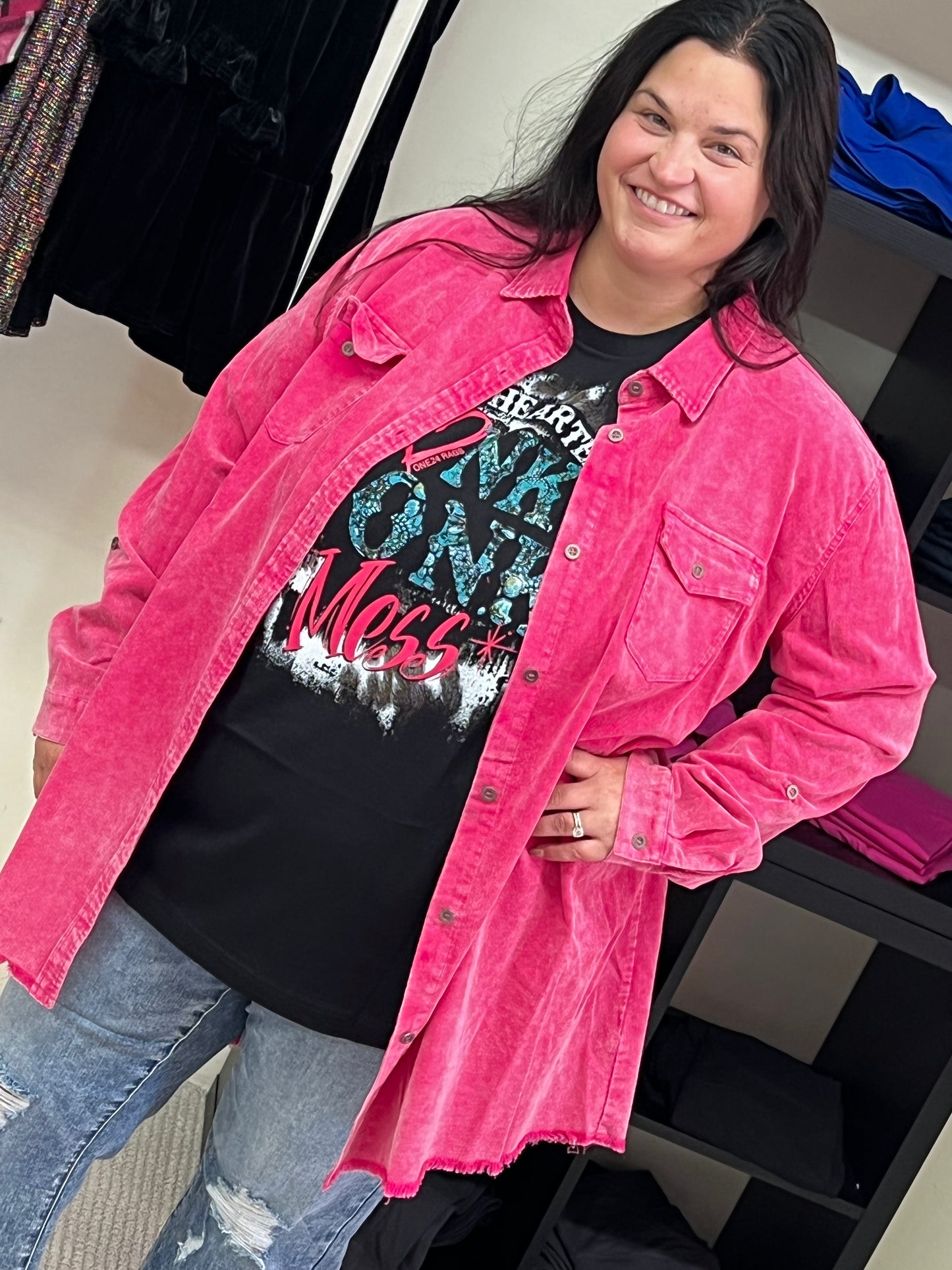 Reg & Curvy Umgee Oversized Cord Button Up Dress/Shirt w/ Raw Hem