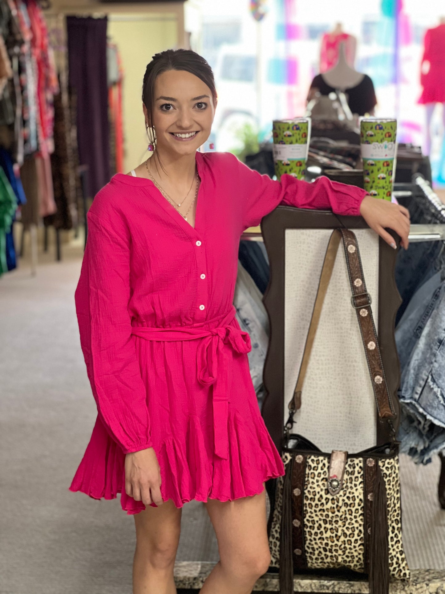 Ladies Fuchsia Notched Neck Button Down Solid Cotton Romper