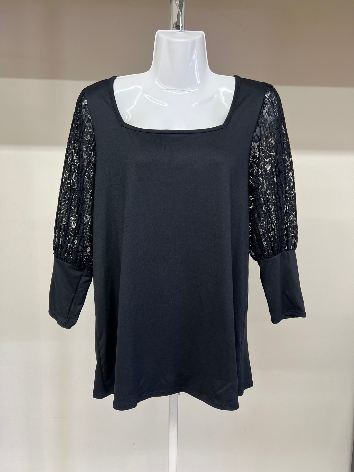 Reg & Curvy Haptics Black Square Neck Pleated Lace Puff Bubble Sleeve Top