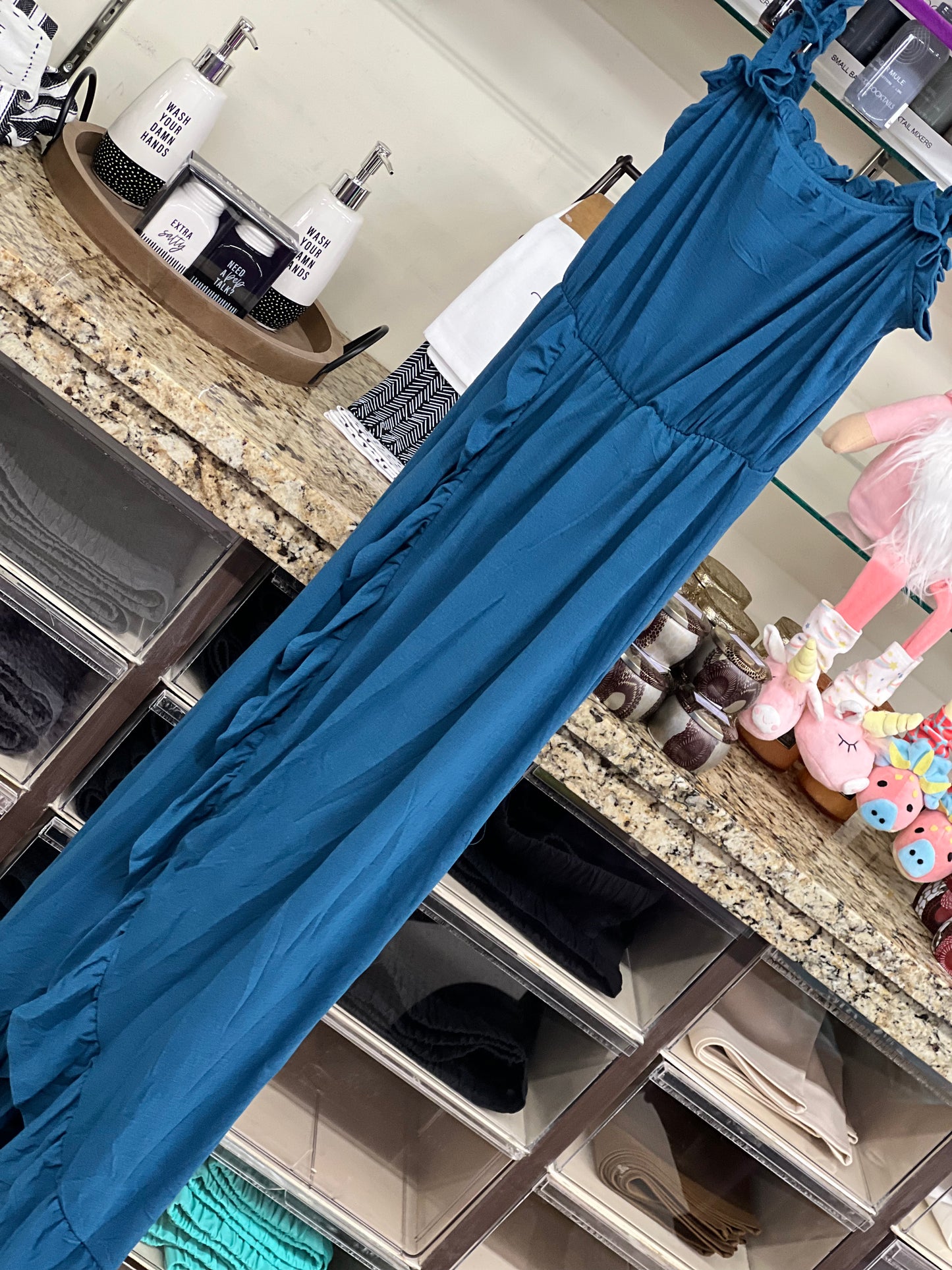 Regular SB DK Teal Sleeveless Dress w/ Smocking & Ruffles