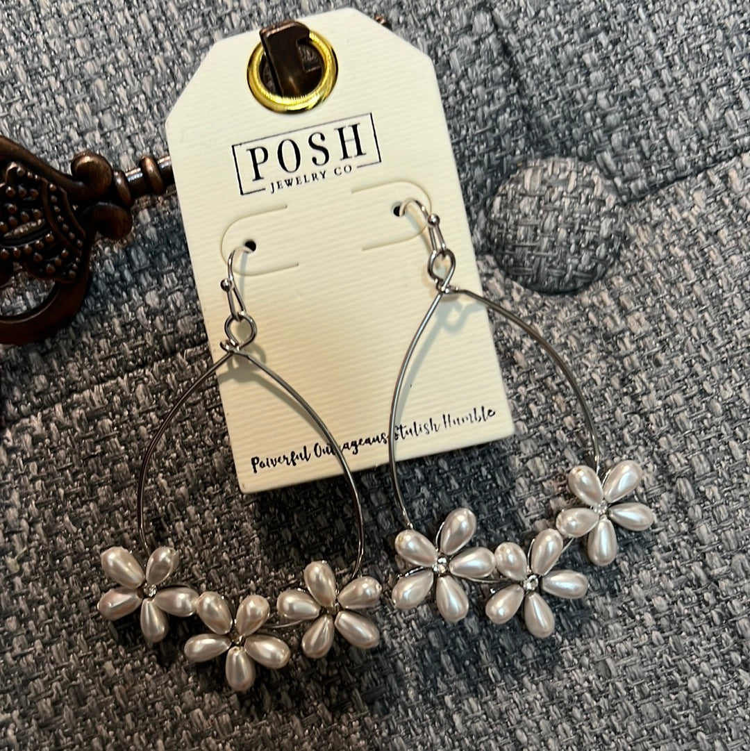 Posh Silver Teardrop w/ Pearl Flowers Earring