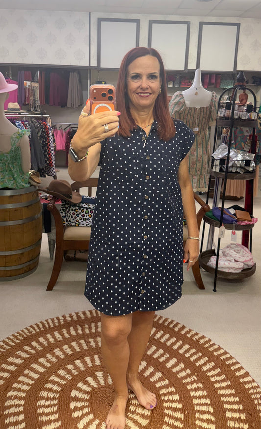 Navy w/white Polka Dots Jean Dress w/Pockets