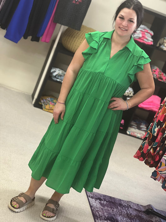 Umgee Collared V-Neck Kelly Green Ruffled Sleeve Dress