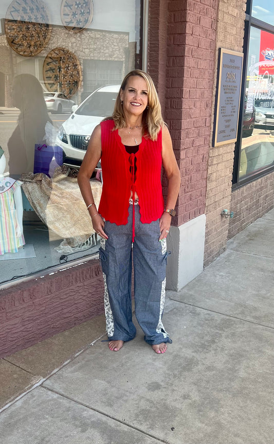 ee:some Soft Washed Floral Striped Denim Block Pants