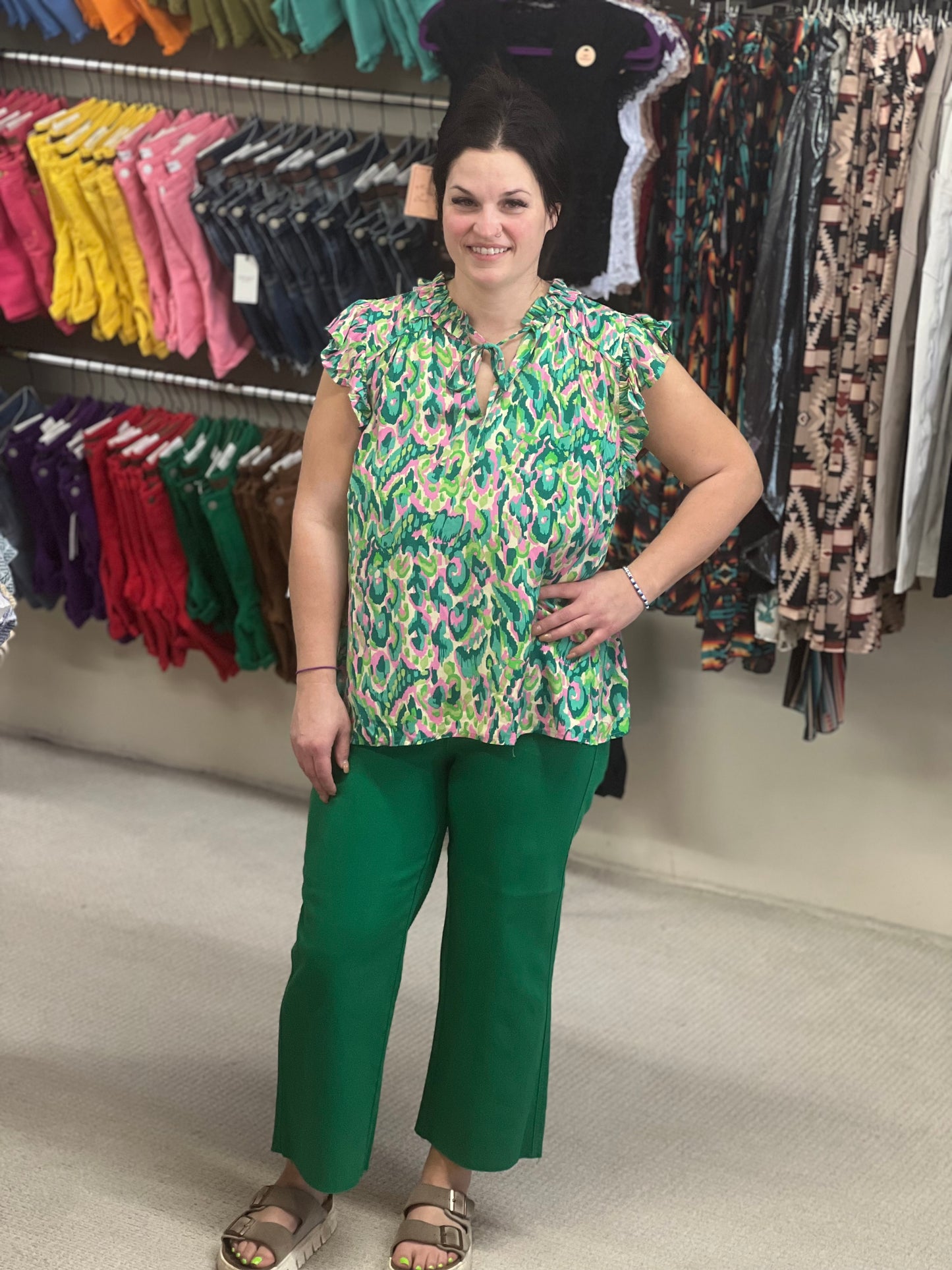 Umgee Pink + Green Camo Tie Neck Top