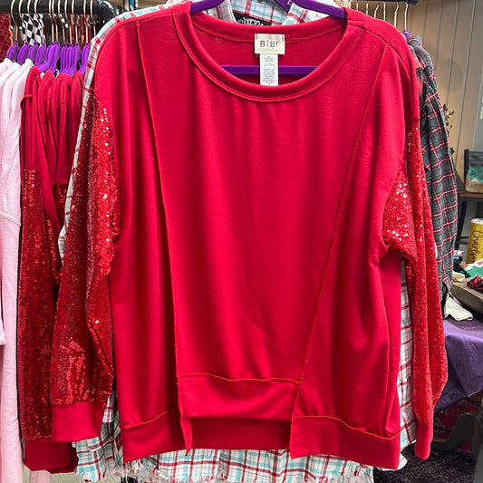 Regular BiBi Red Top with Sequin Sleeves Uneven Hem