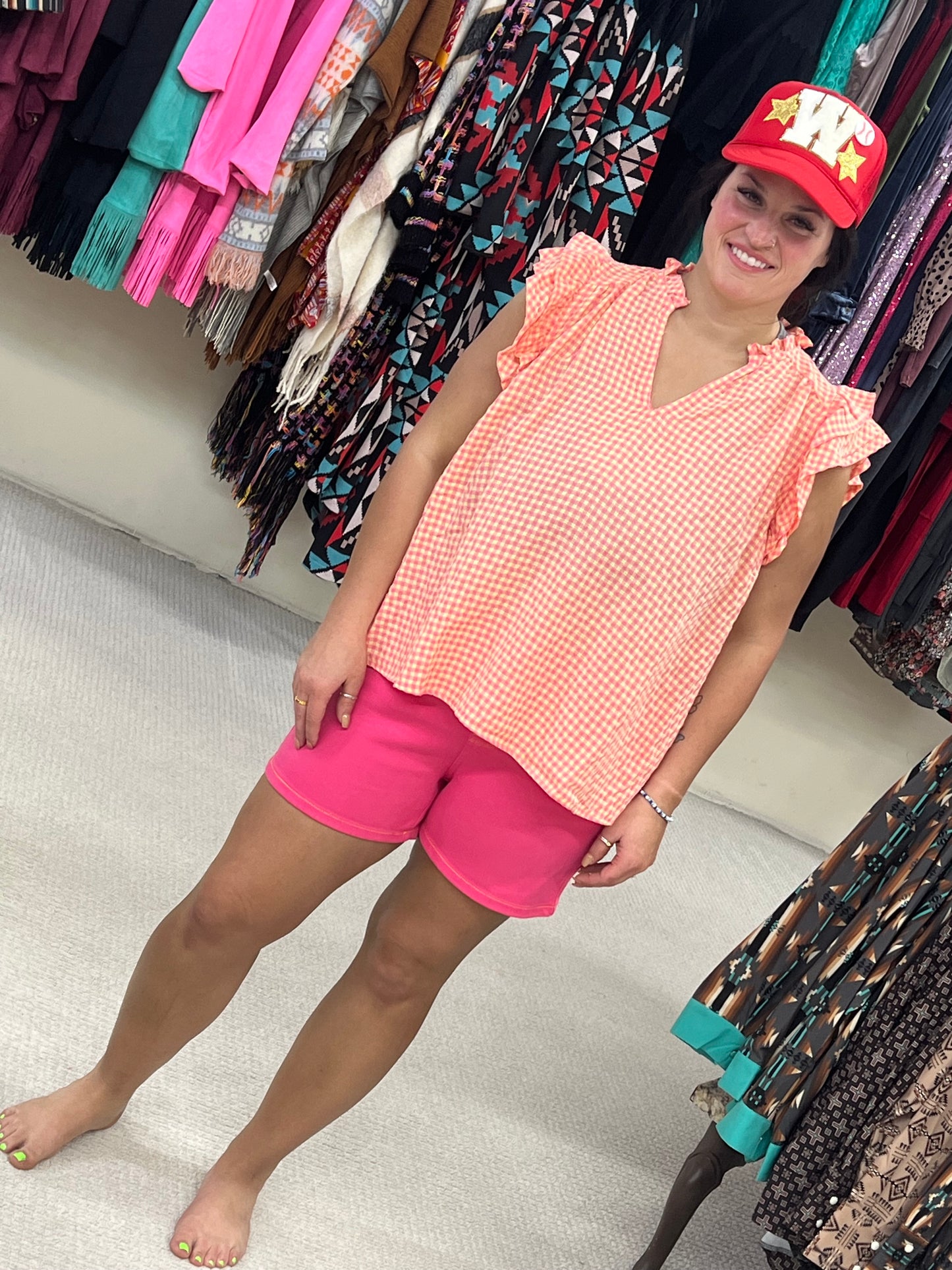 Umgee Pink + Yellow Ruffled V-Neck Top