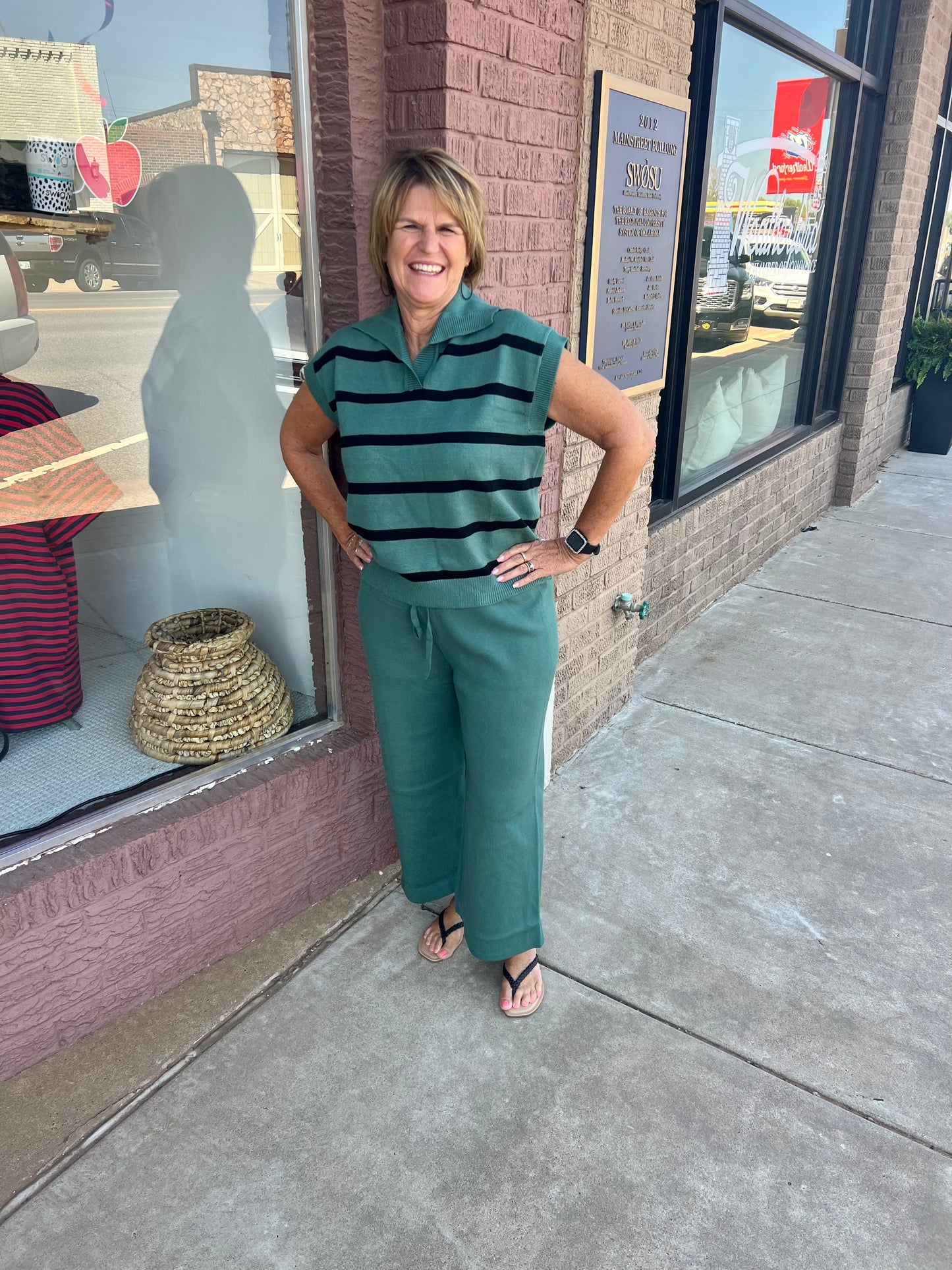 She + Sky Slate Green Striped Sweater Set