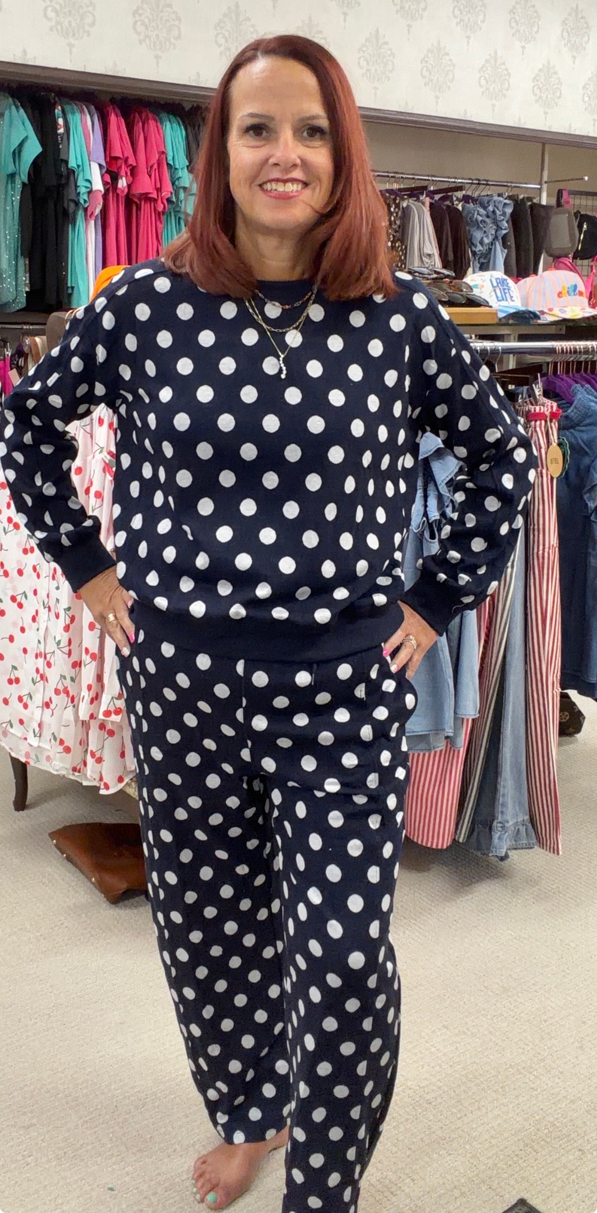 Long Sleeve Navy w/white Polka Dot Sweater