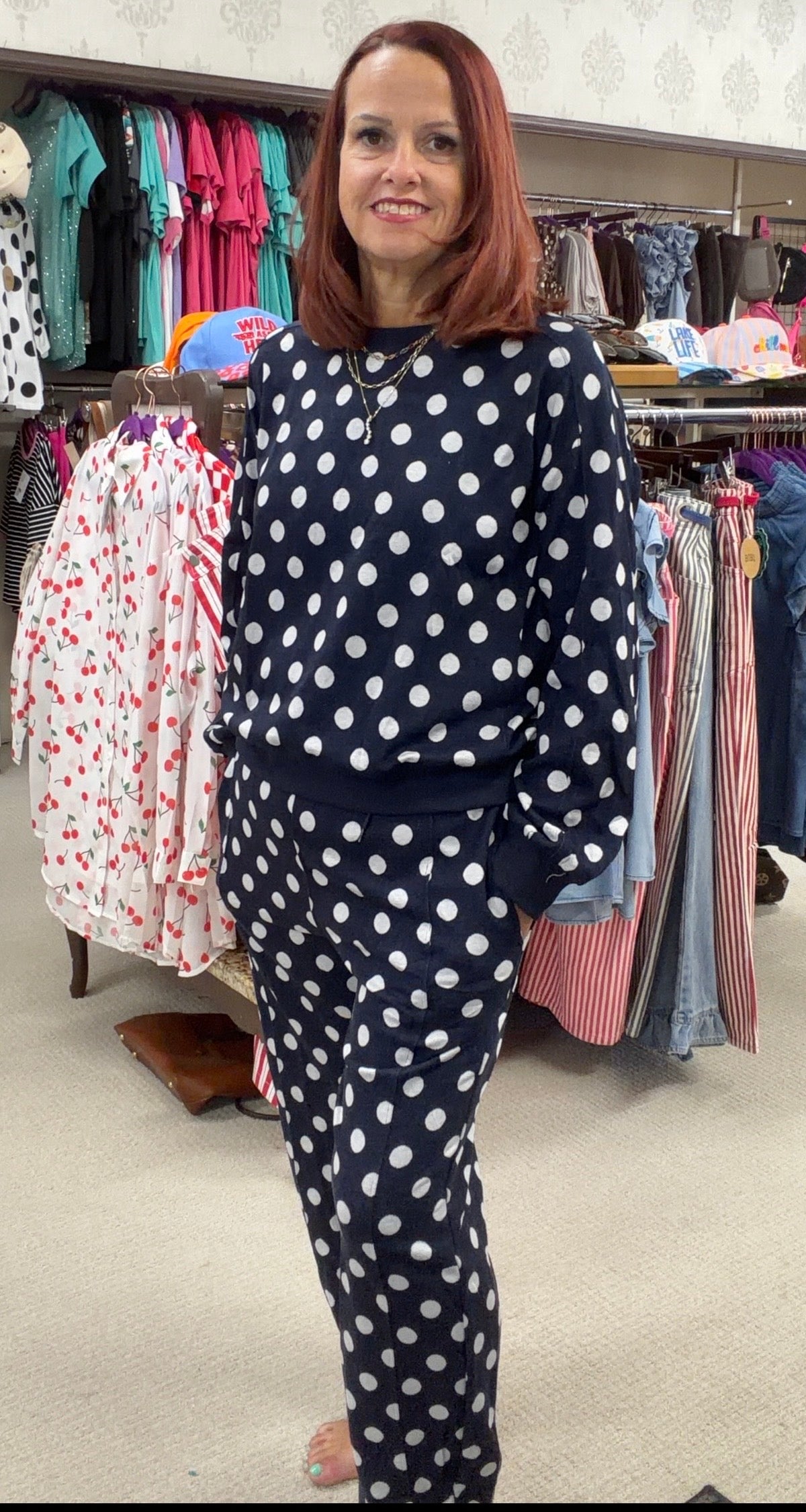 Long Sleeve Navy w/white Polka Dot Sweater