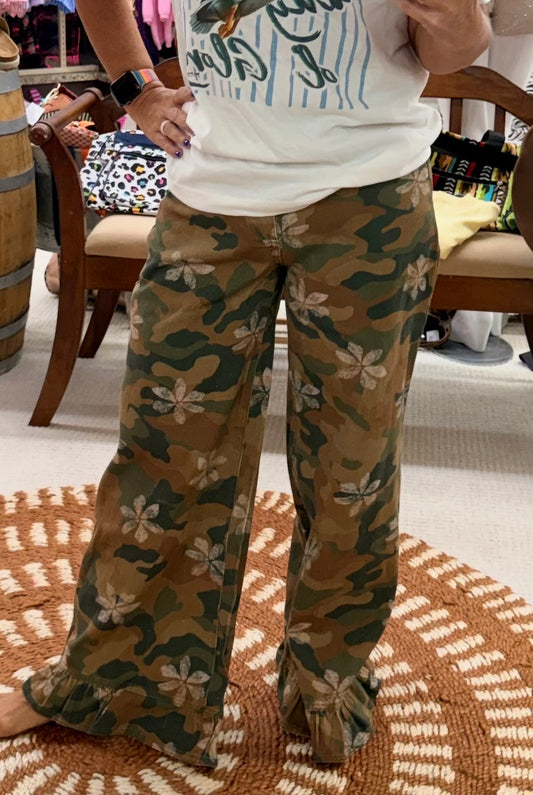Bleached Washed Camo Ruffled Pants