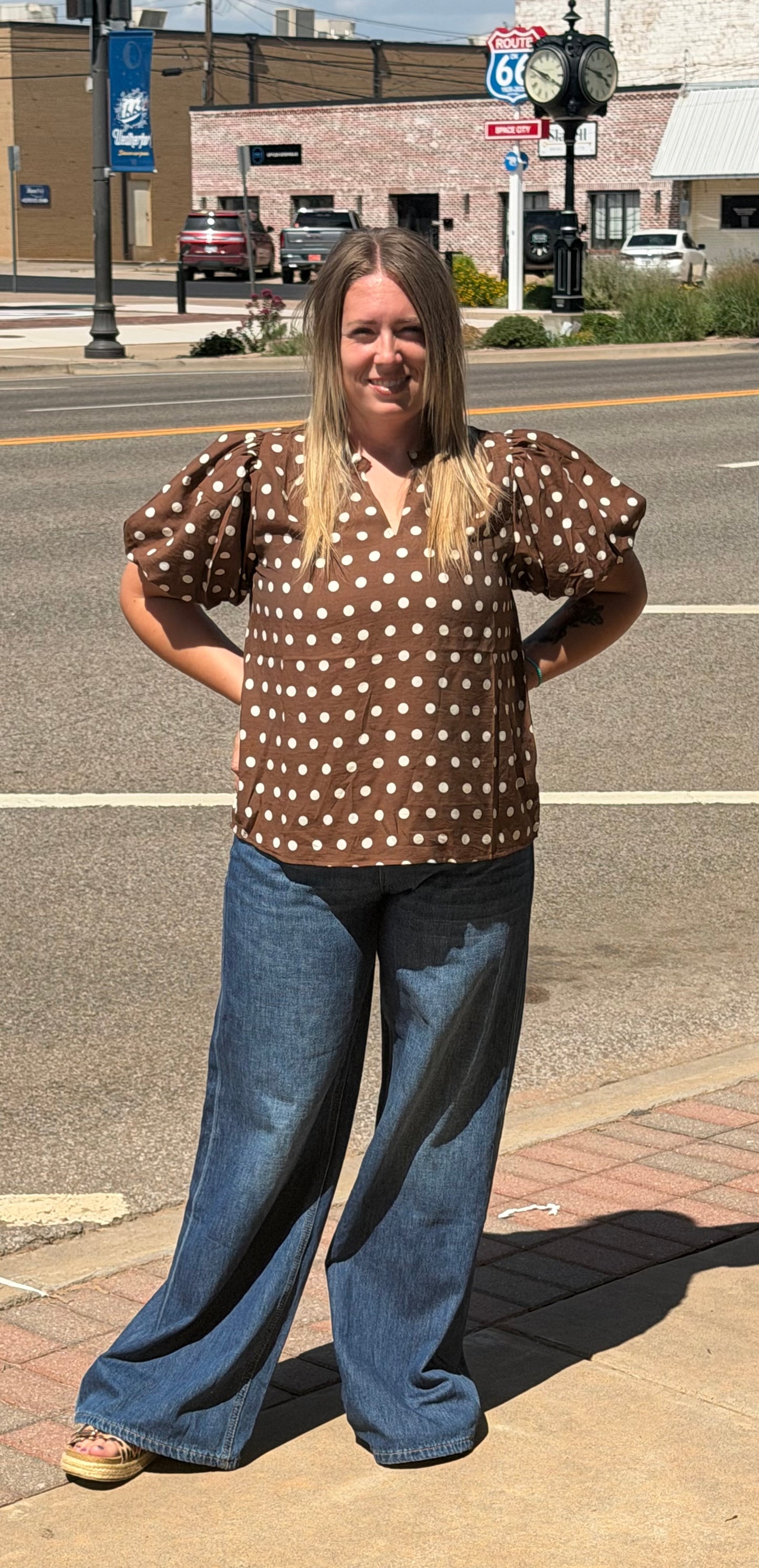 Bibi Polka Dot Ruffled V-Neck Blouse