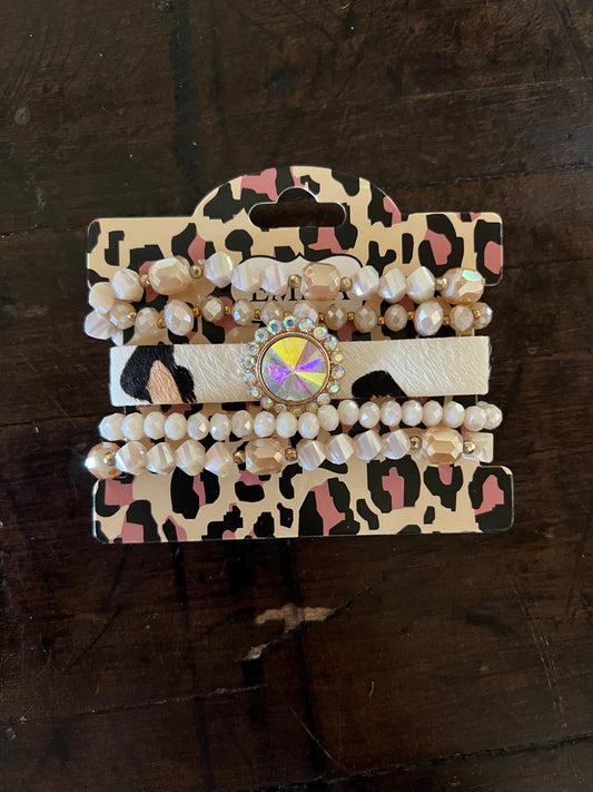 Leopard and Crystal Bracelet Stack- Beige