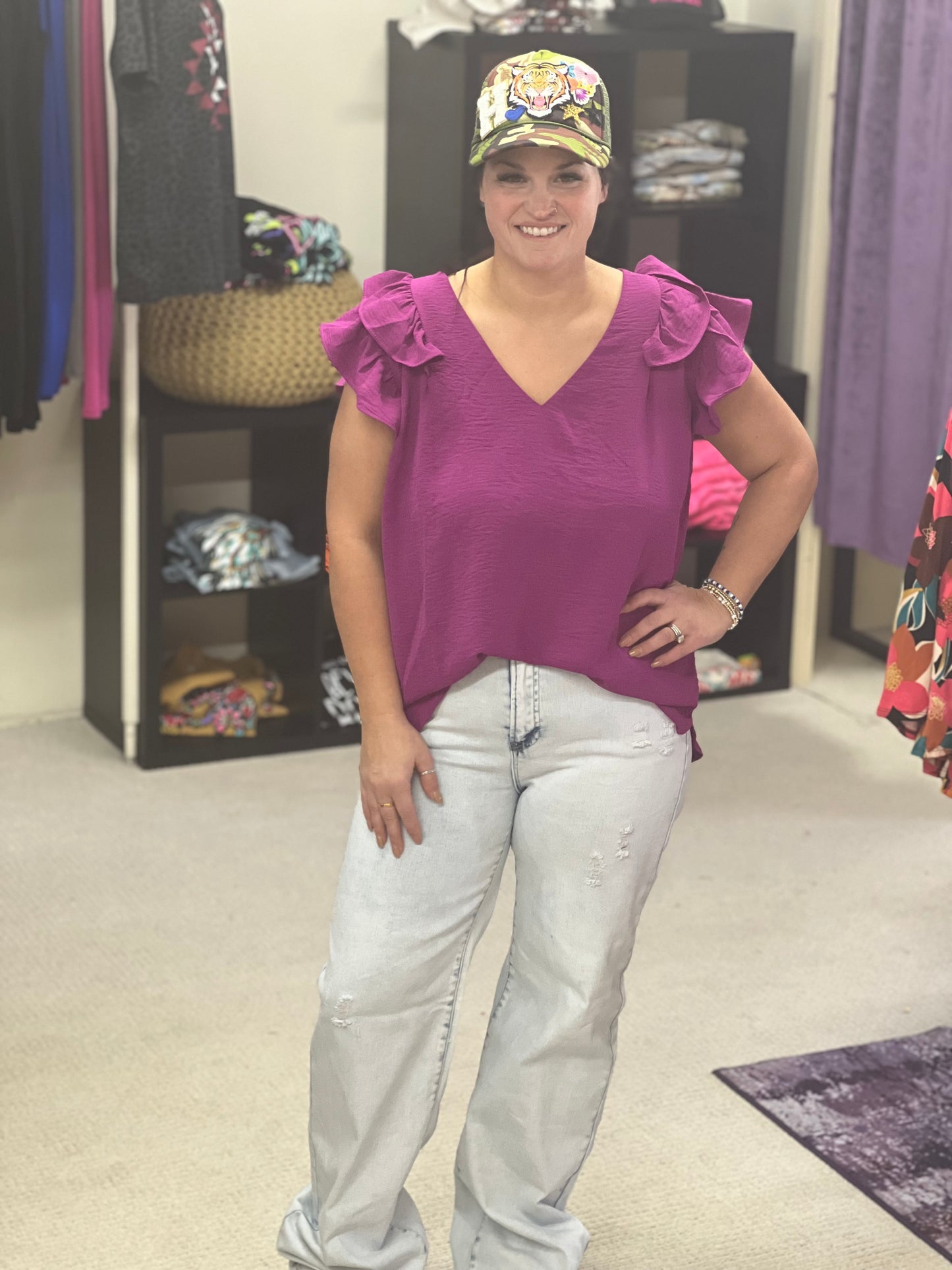 Umgee Purple V-Neck Ruffled Sleeve Top