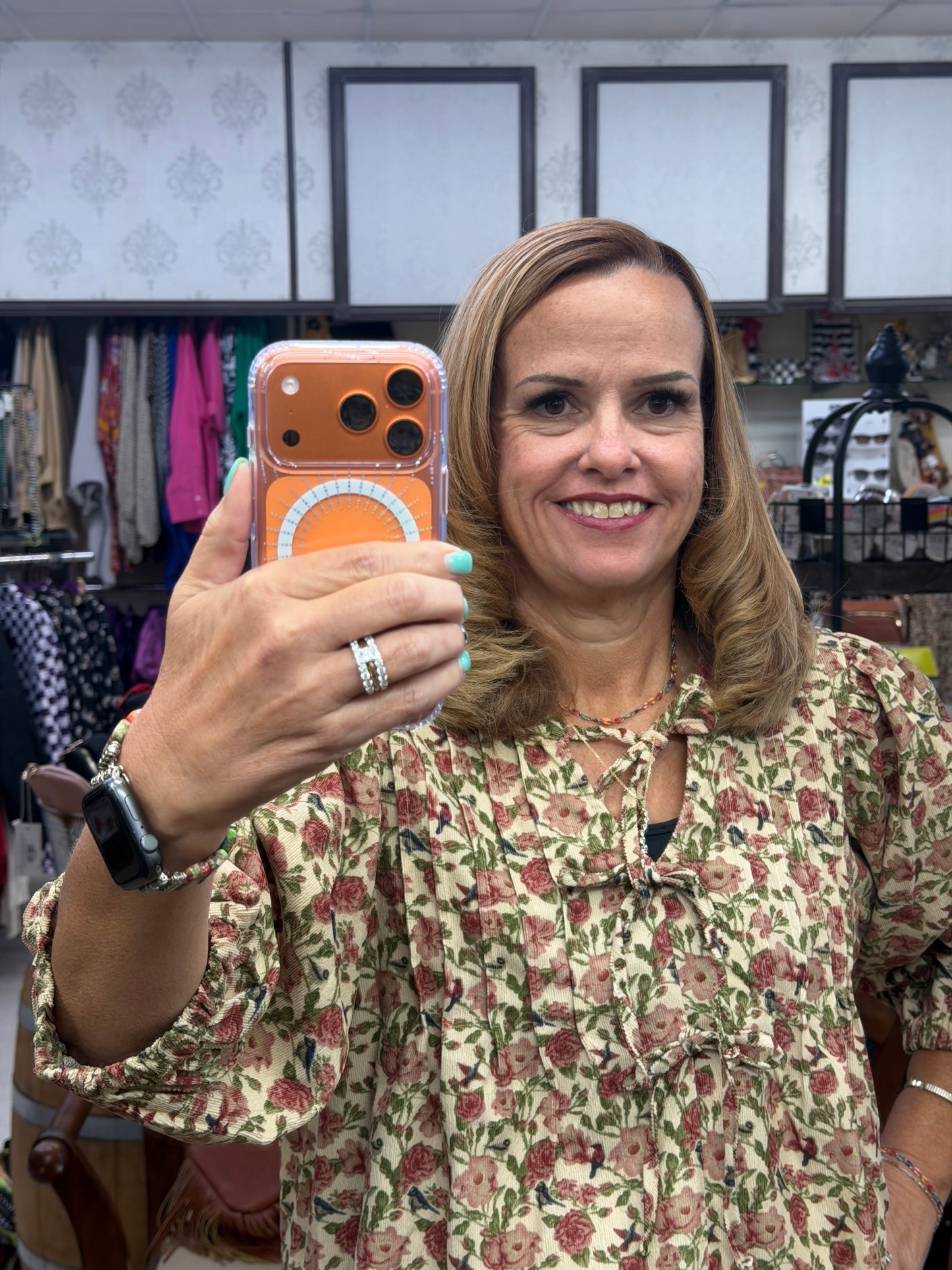 Umgee Cream Floral Tie Detail Top